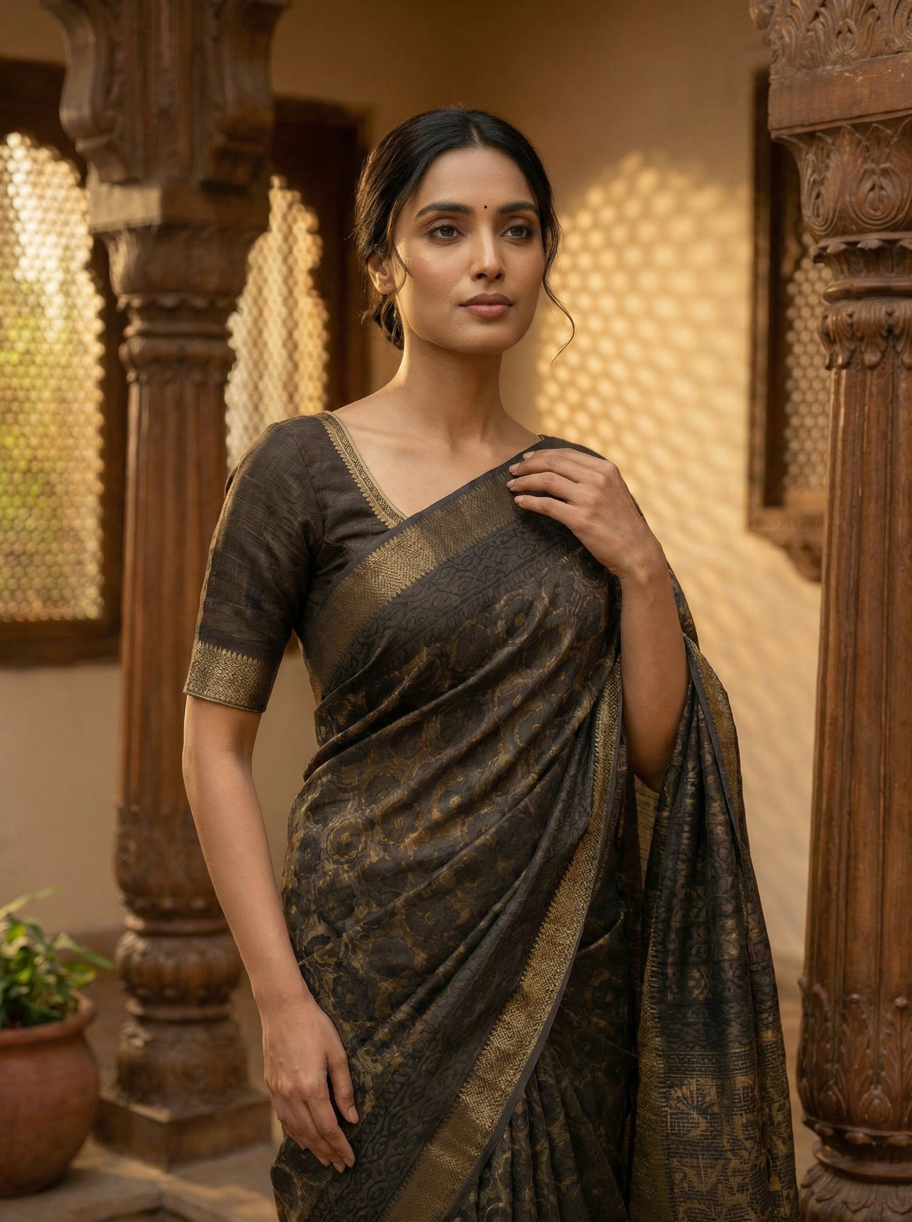 Grey And Balck Printed Semi Tussar Saree