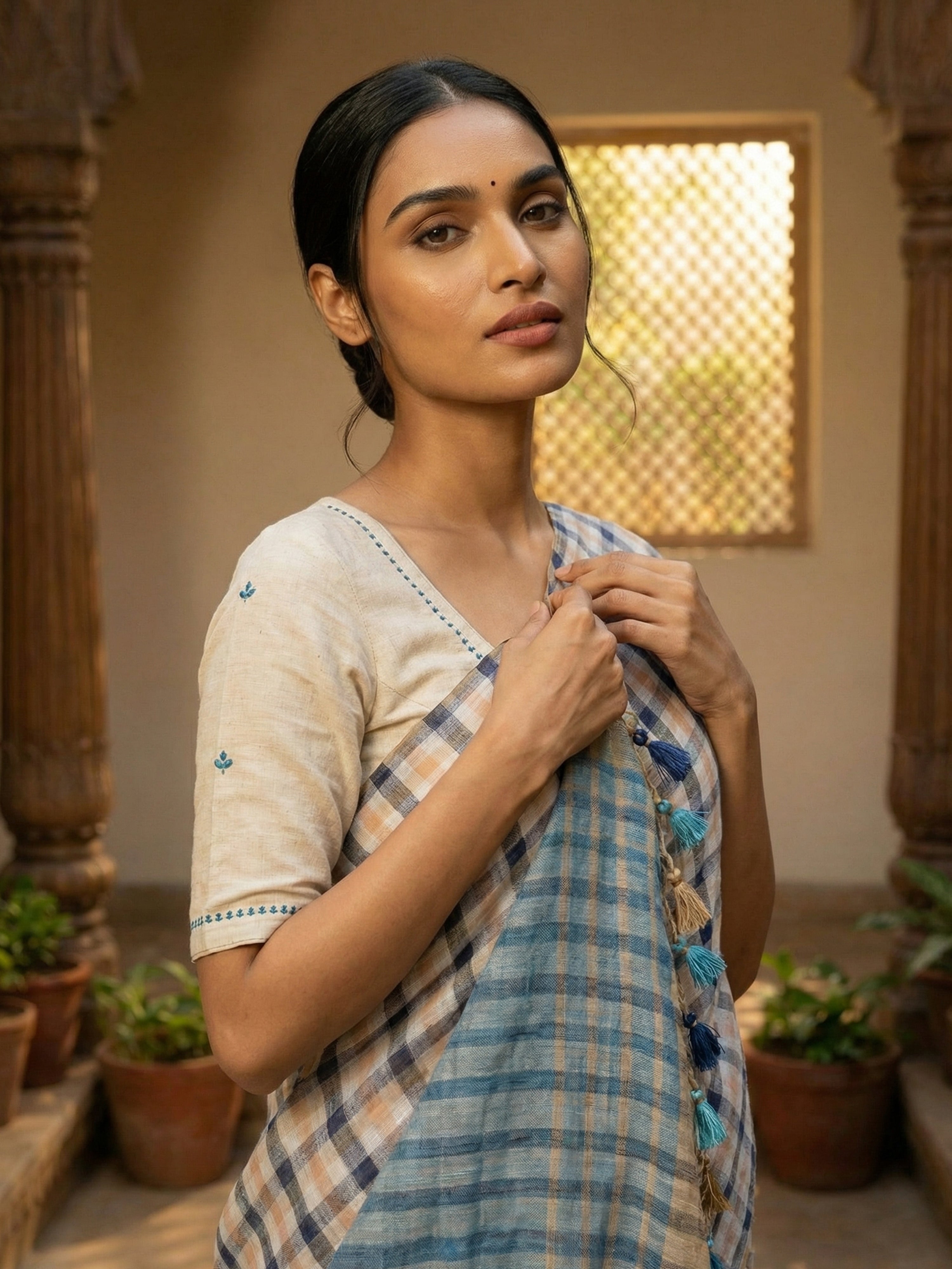 Classic Checked Tusser Silk Saree with Contrast Blue Pallu & Tassels