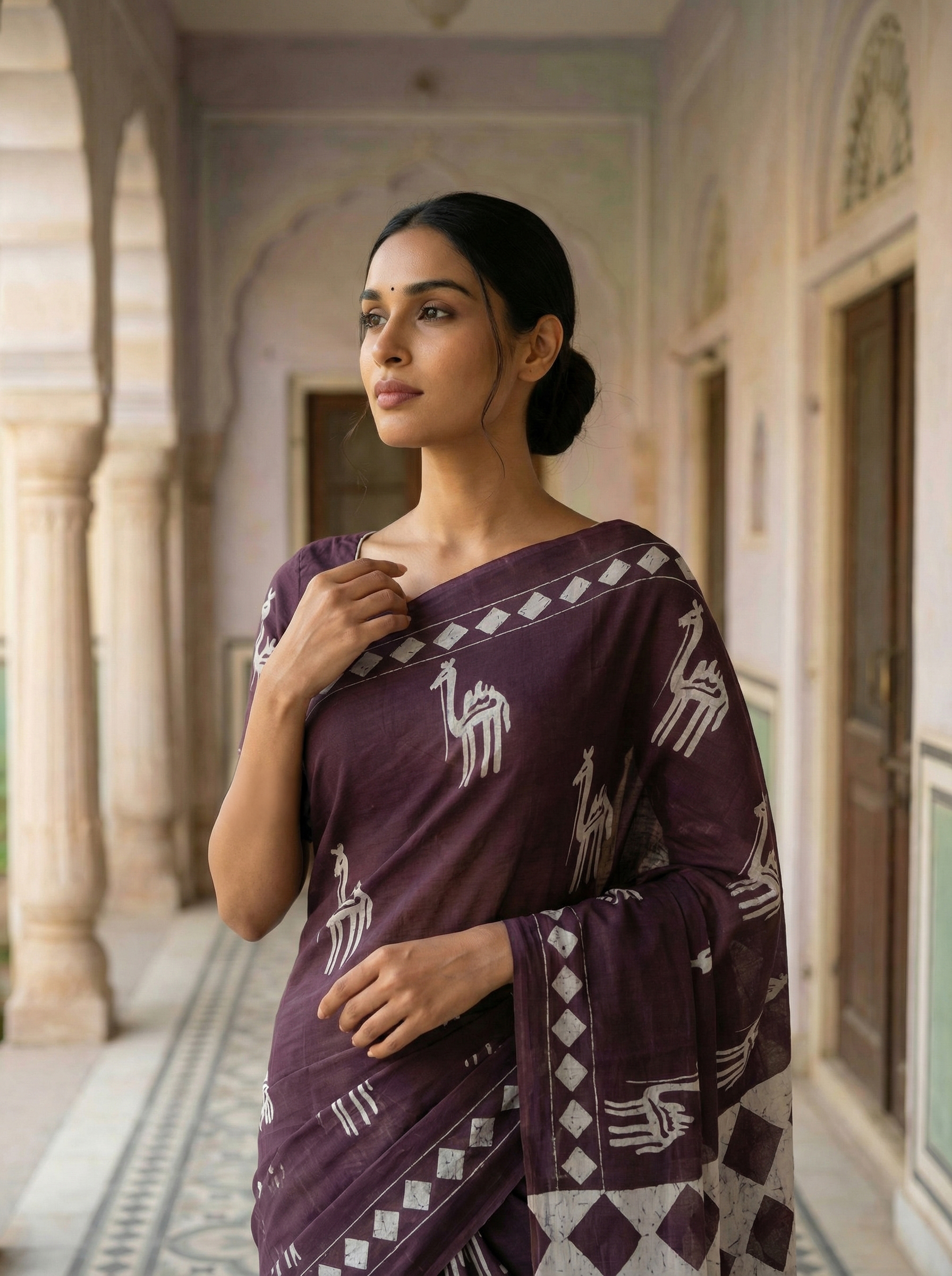 Soft Cotton Saree in Wine Maroon with Tribal Print & Contrast Geometric Pallu