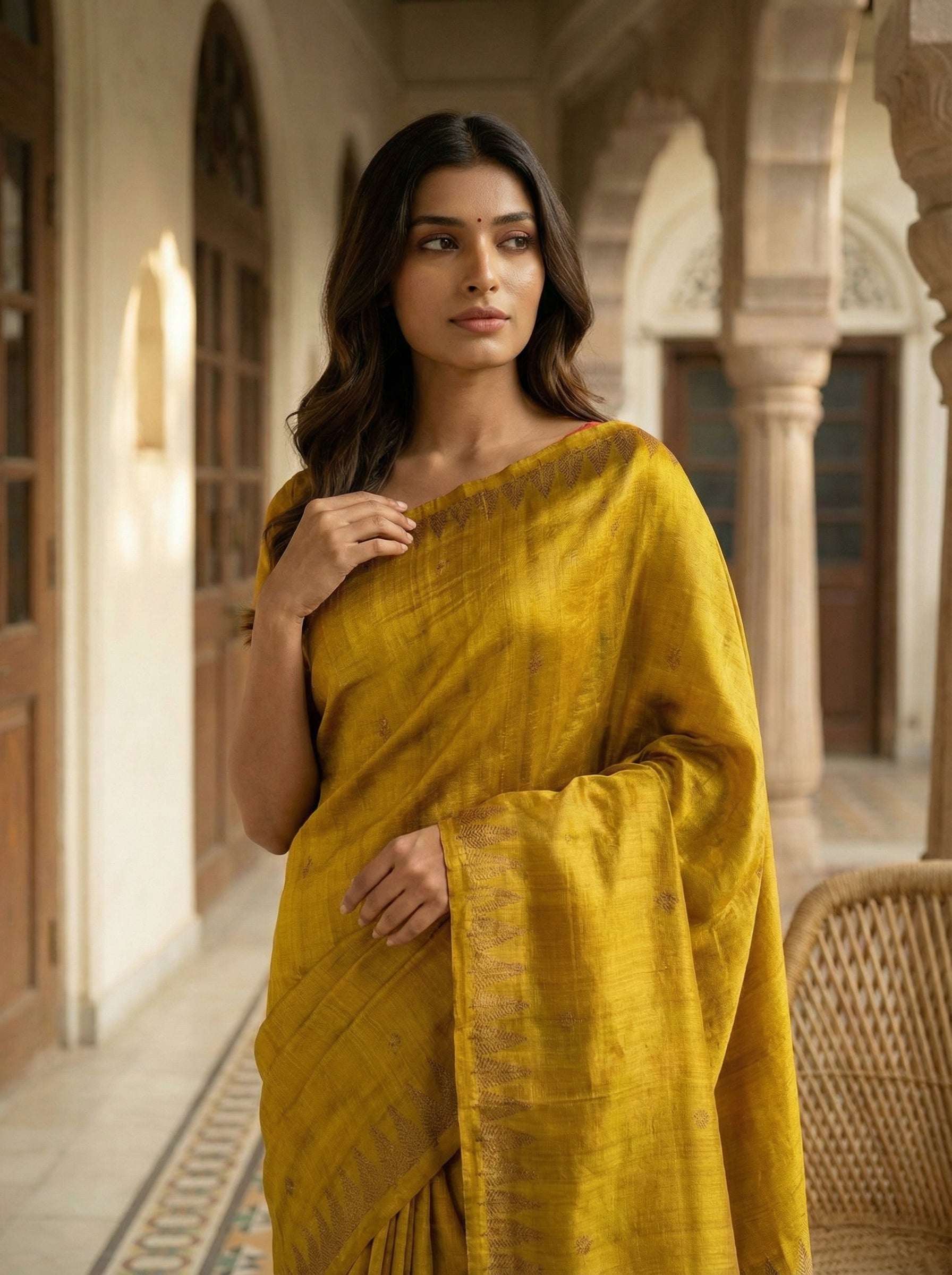 Pure Jute Silk Saree in Saffron Yellow with Leaf Butta & Tree-Designed Border