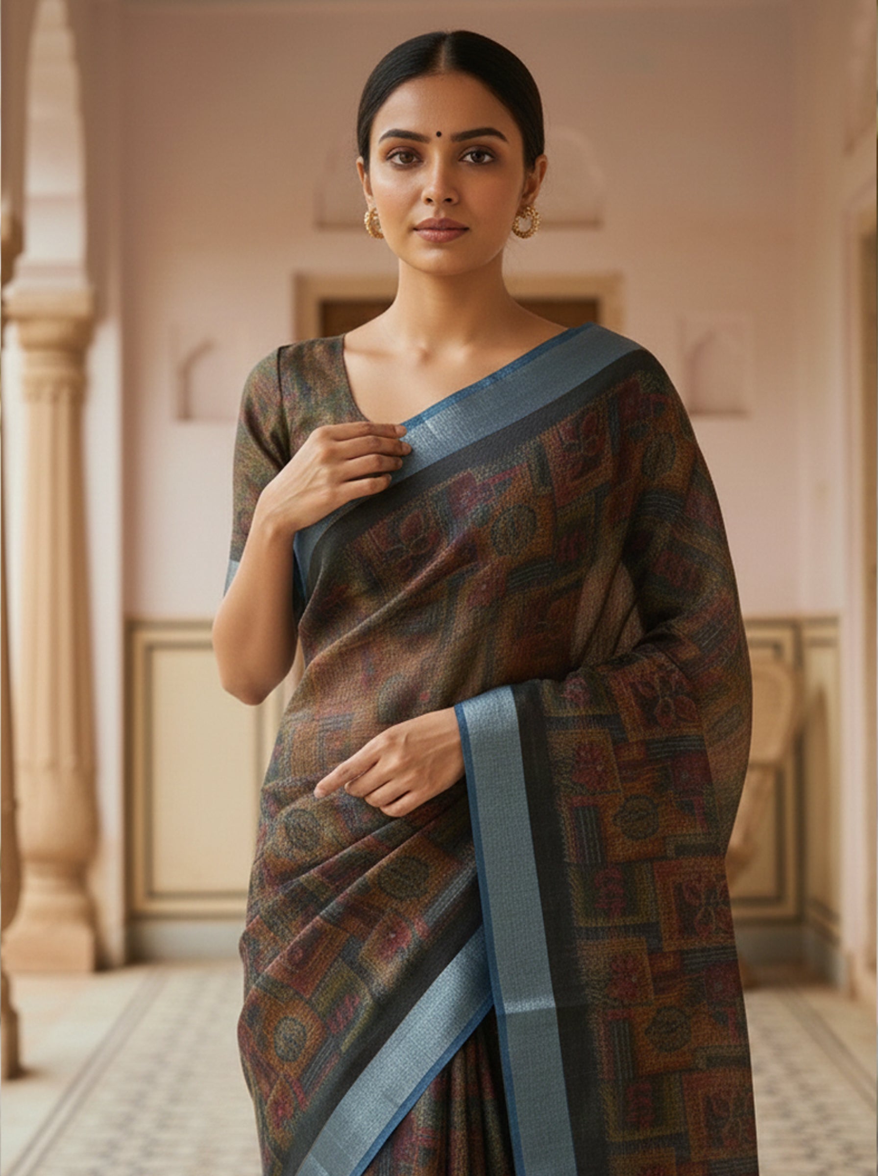 Elegant Multicolour Printed Saree with Contrast Border
