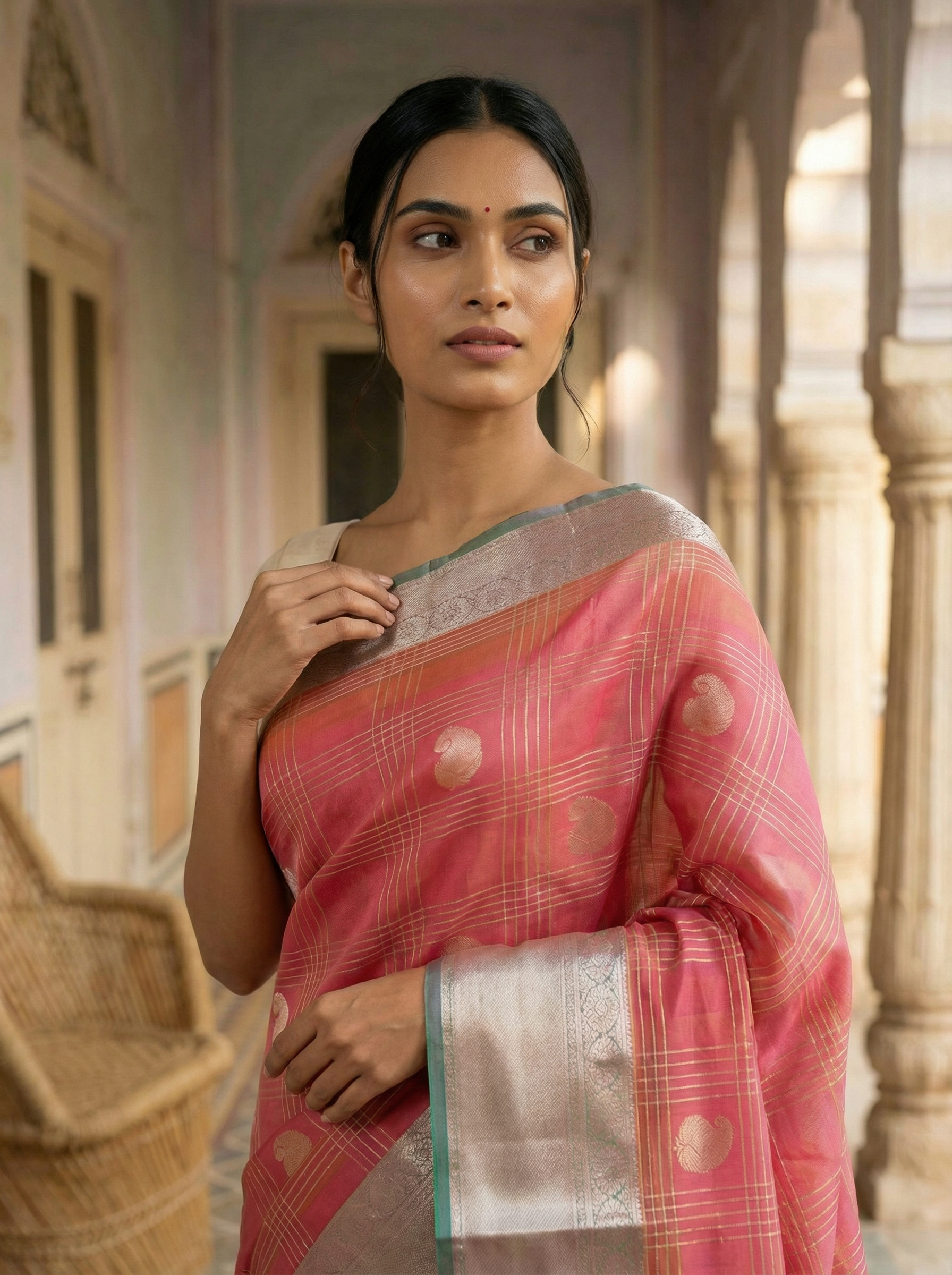 Peach Checked Sayanora Saree With Teal Kasavu Border