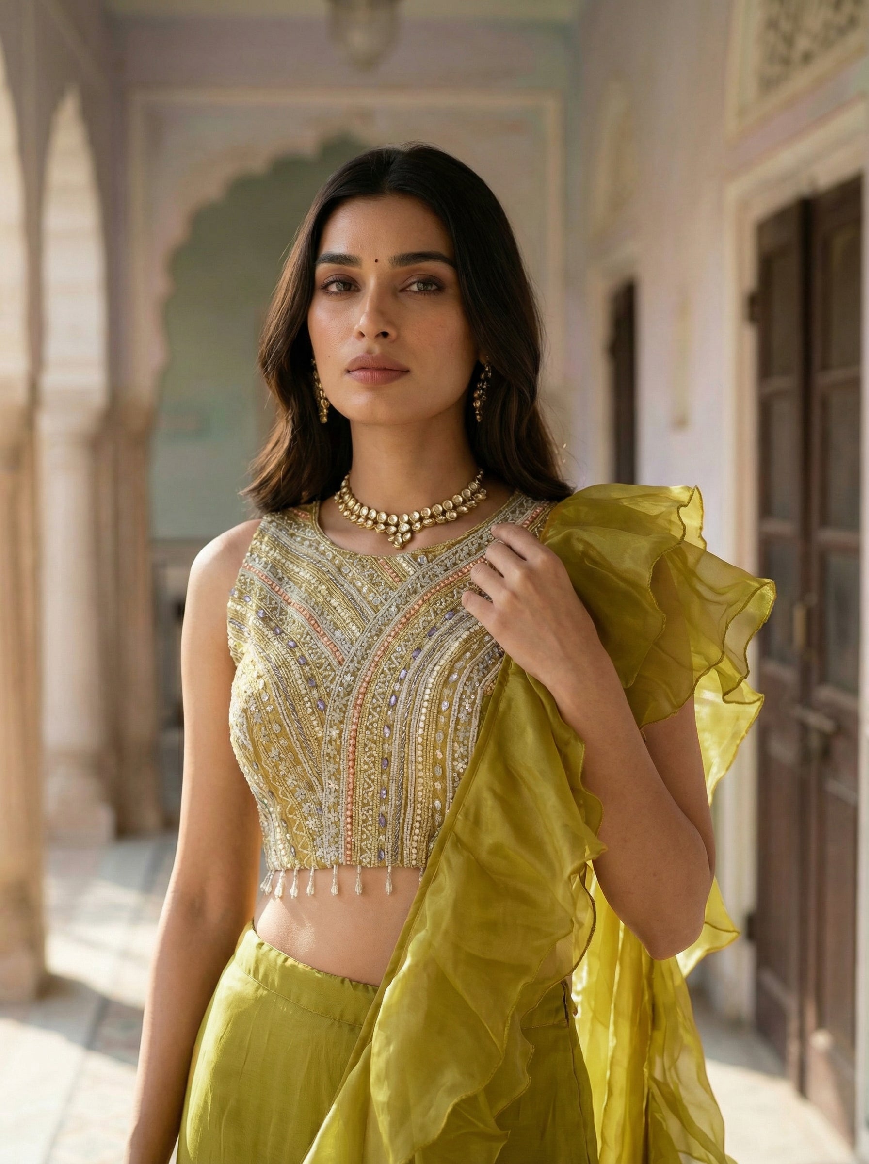 Mustard Yellow Ready-to-Wear Saree with Ruffled Pallu