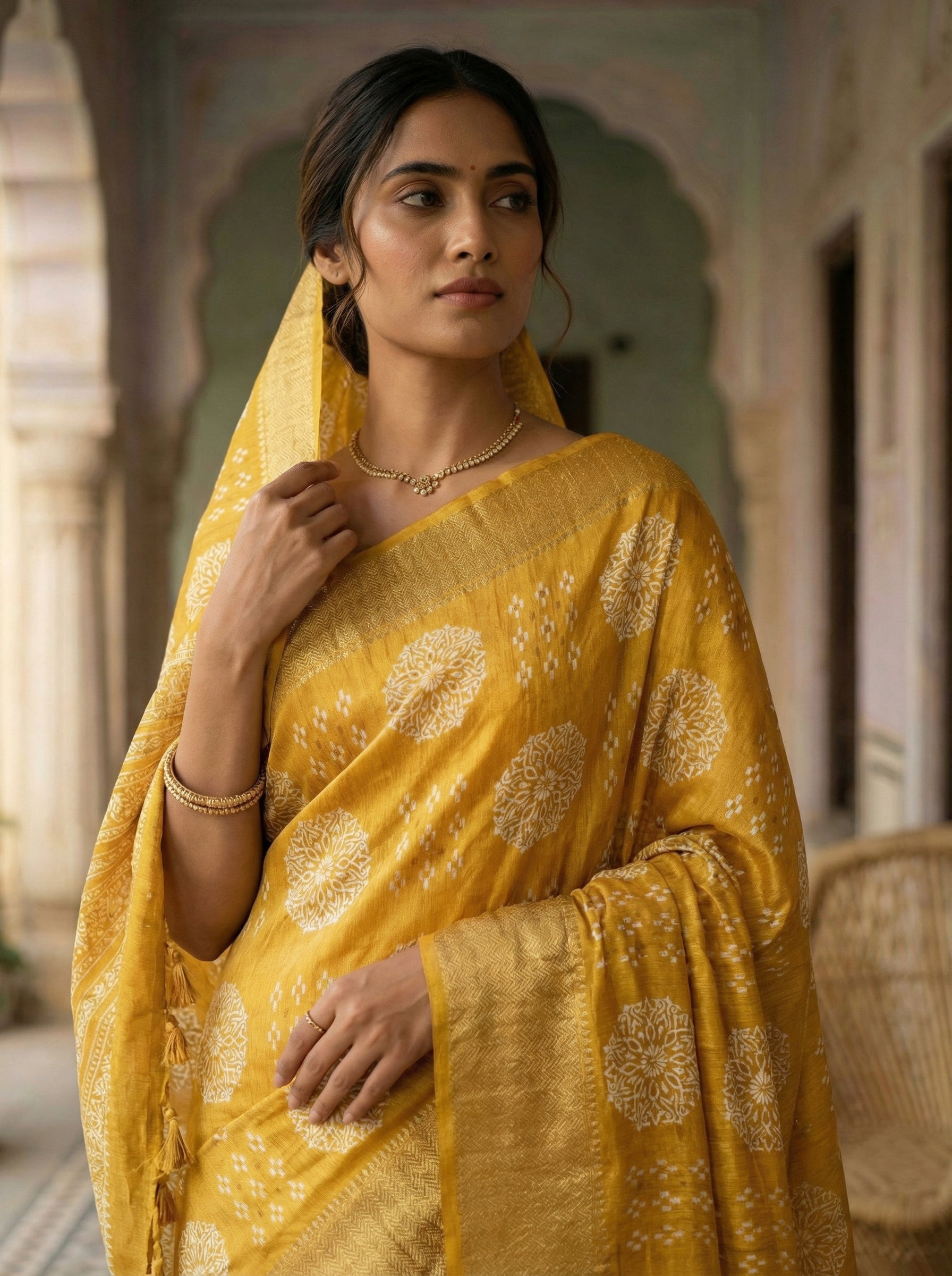 Mustard Yellow Printed Saree with Traditional Zari Border