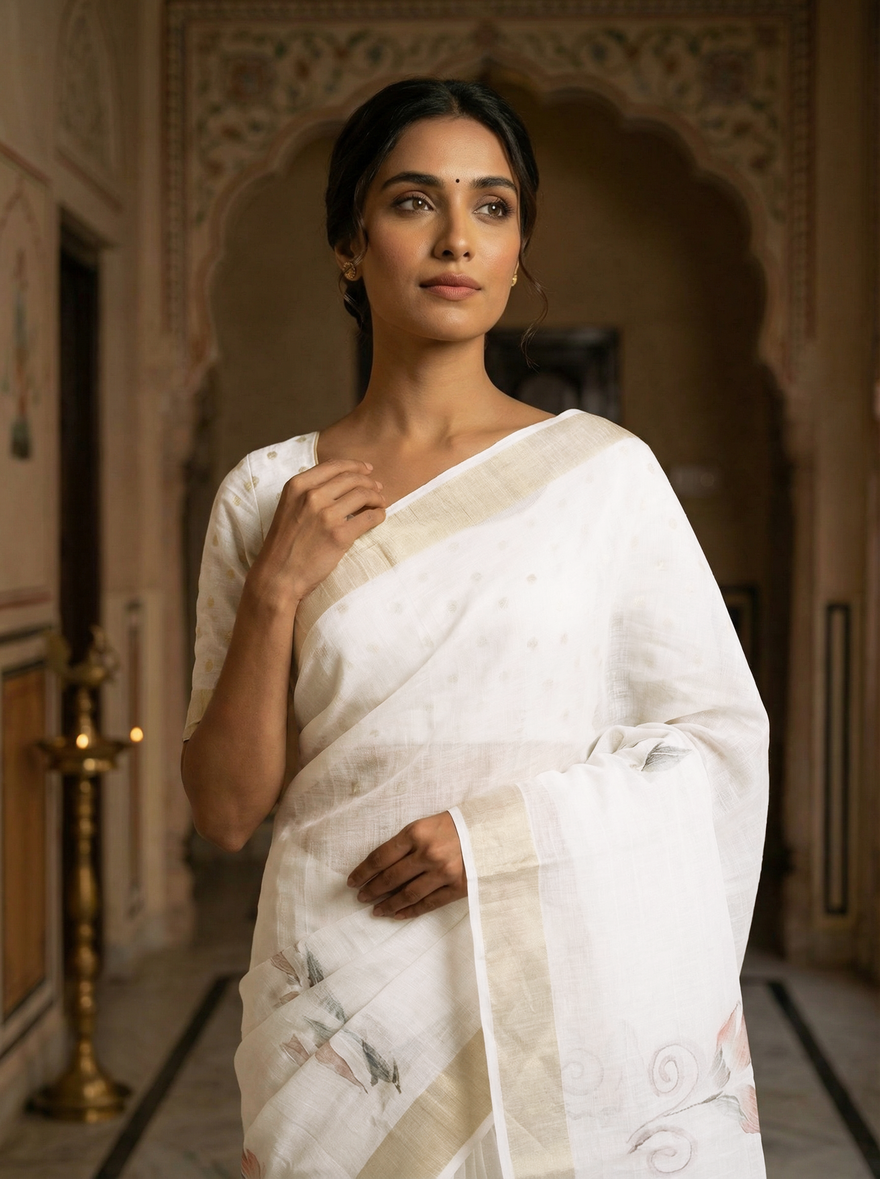 Ivory White Floral Printed Saree with Golden Border