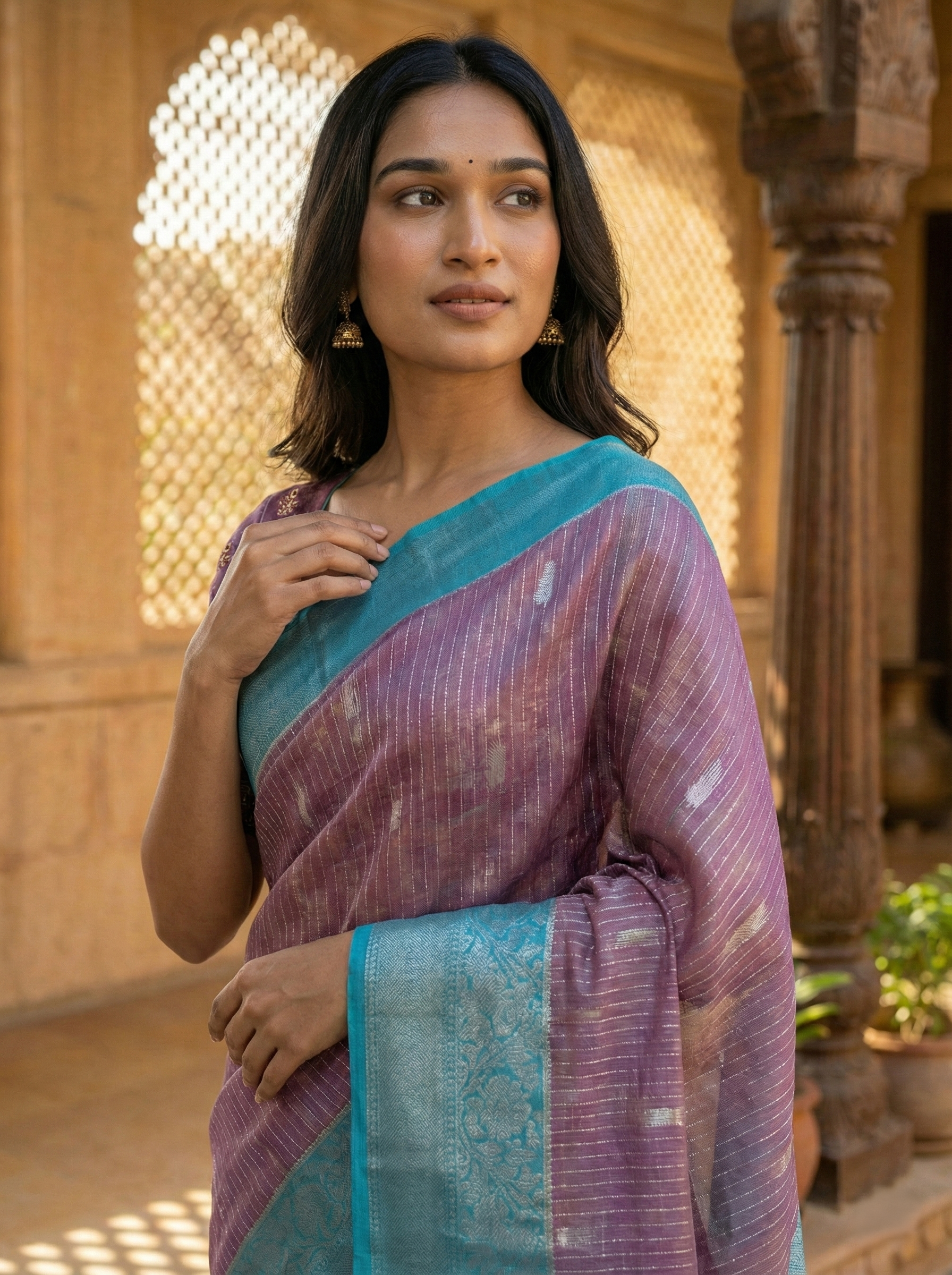 Grape Purple Tissue Sayanora Saree With Sea Blue Zari Border