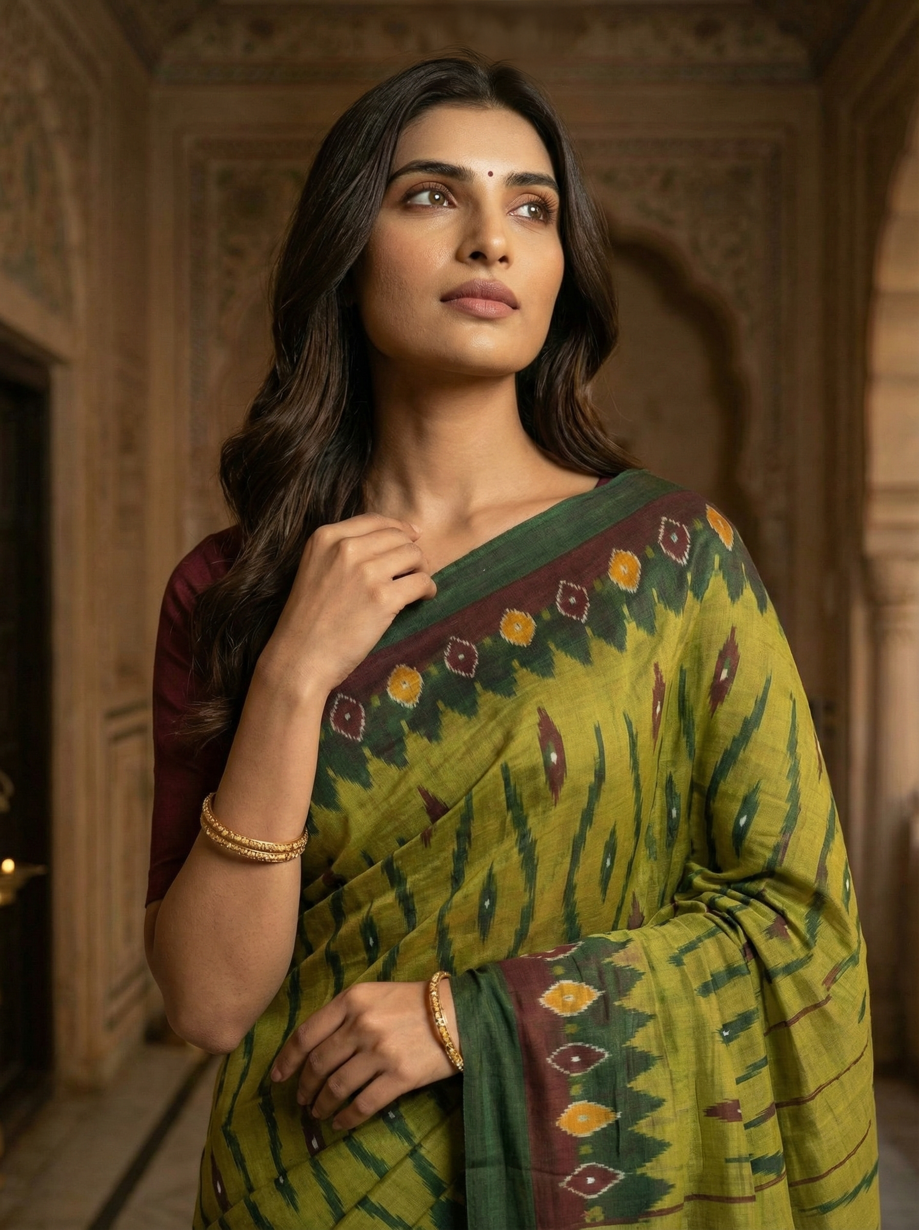 Pear Green Ikat Cotton Saree with Traditional Geometric Motifs