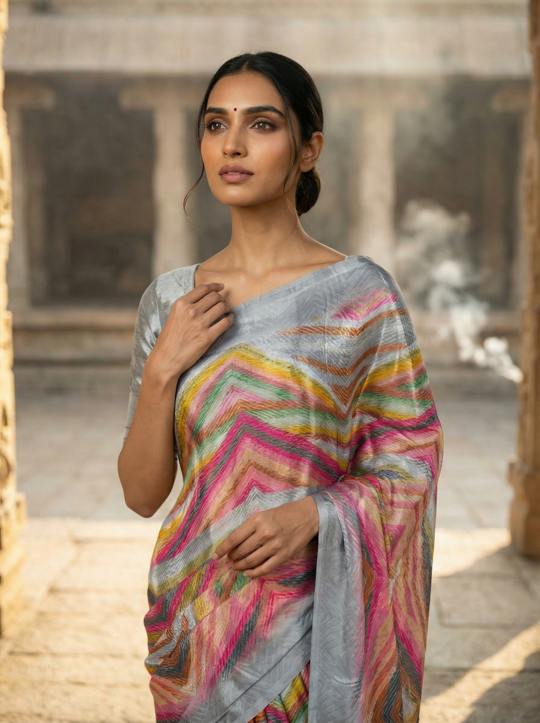 Grey Multicolor Saree with Chevron Pattern Print