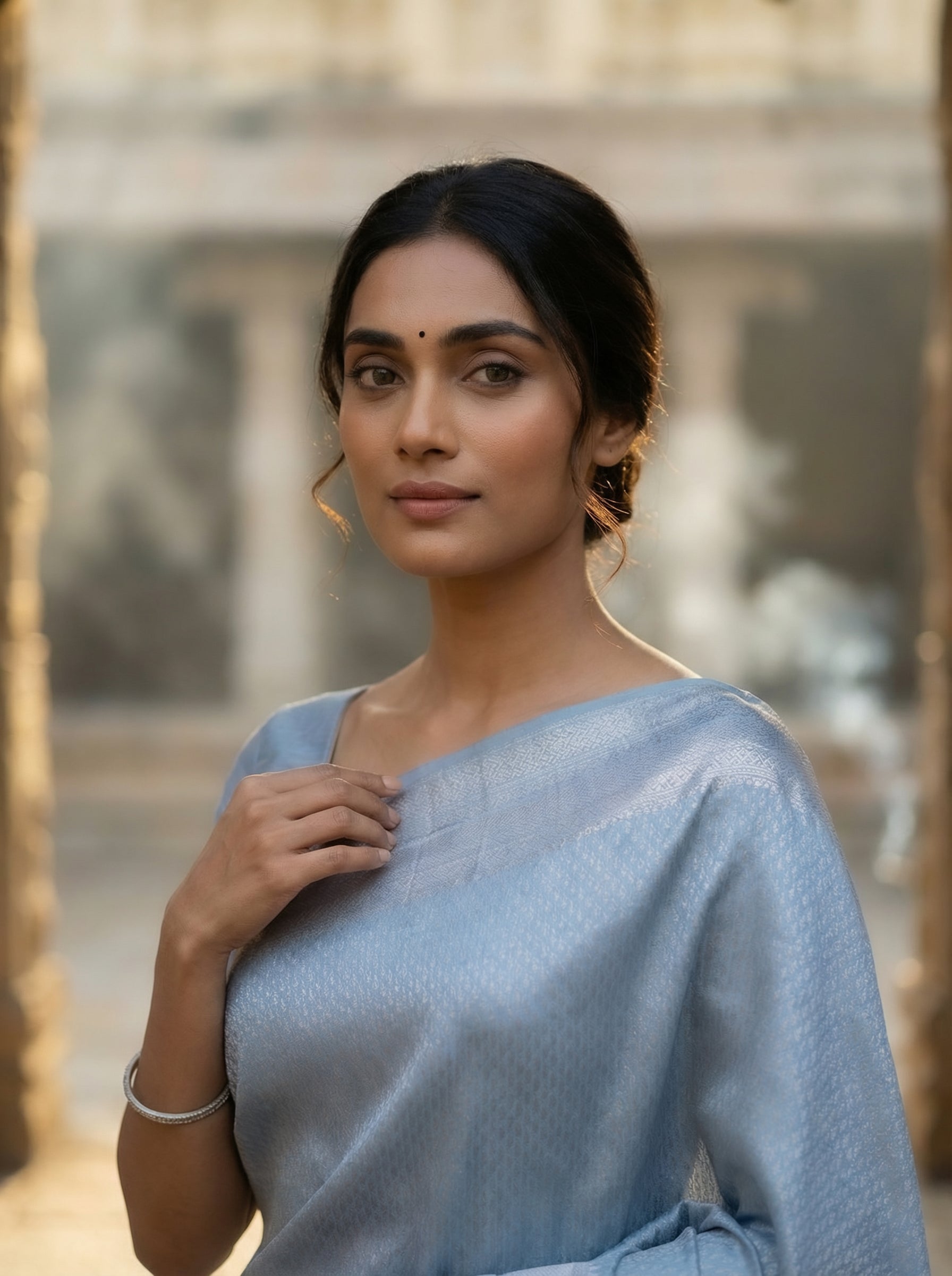 Powder Blue Silk Saree with Subtle Self-Weave and Elegant Finish