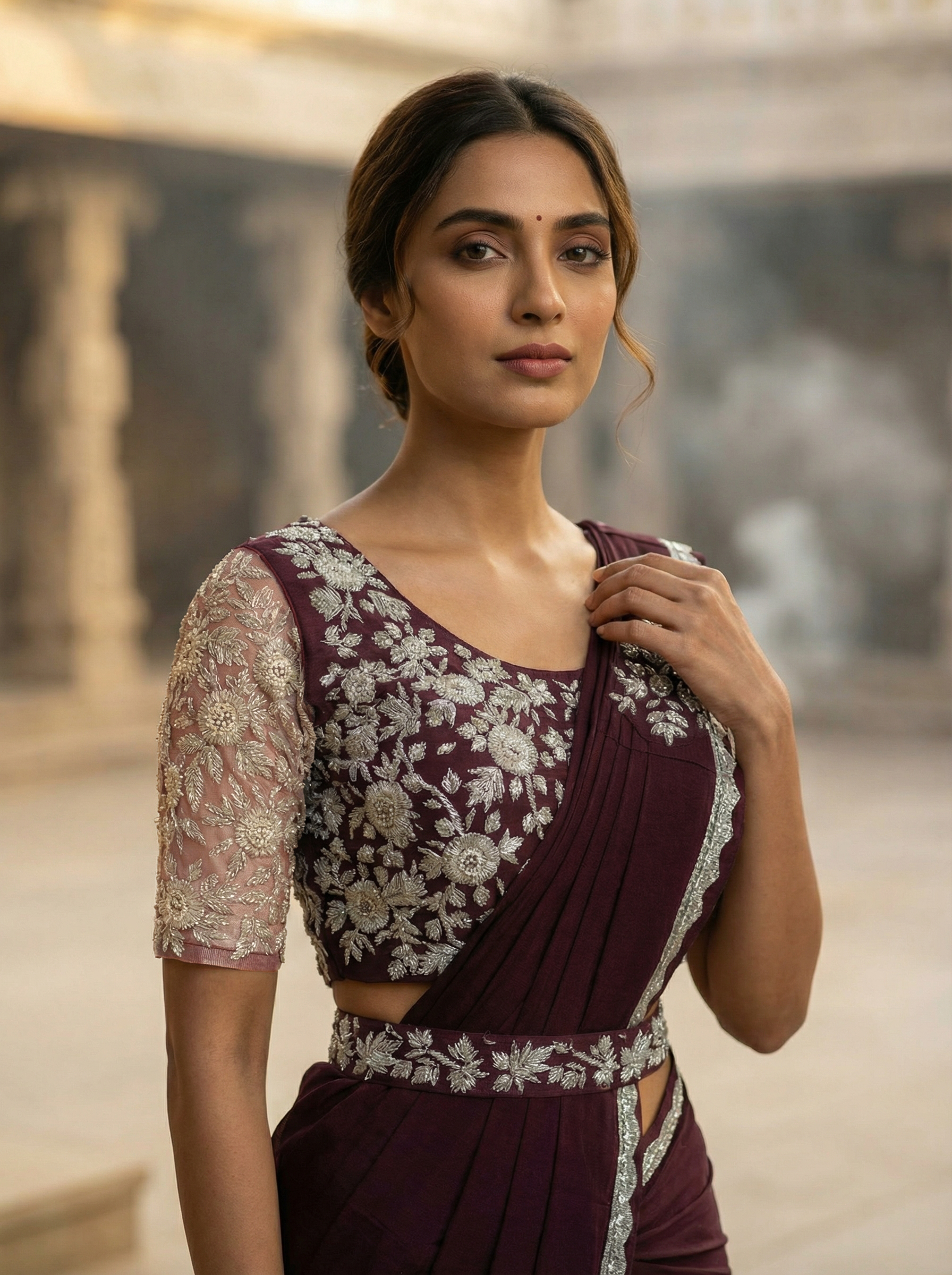 Georgette Beads Wine Saree