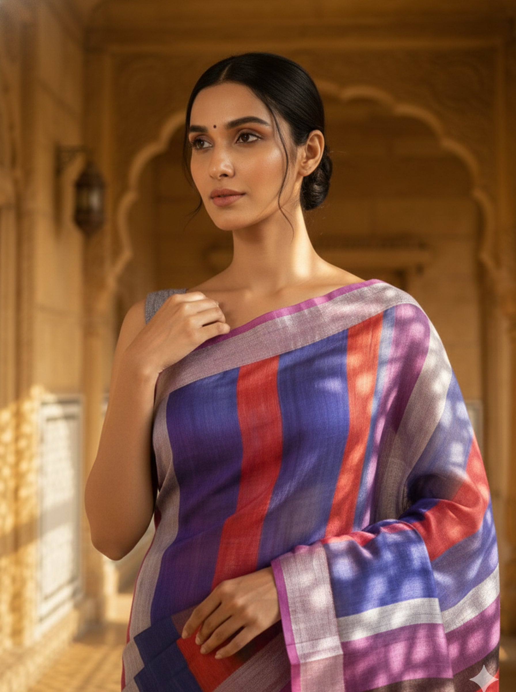 Multi Shade Striped Semi Linen Saree