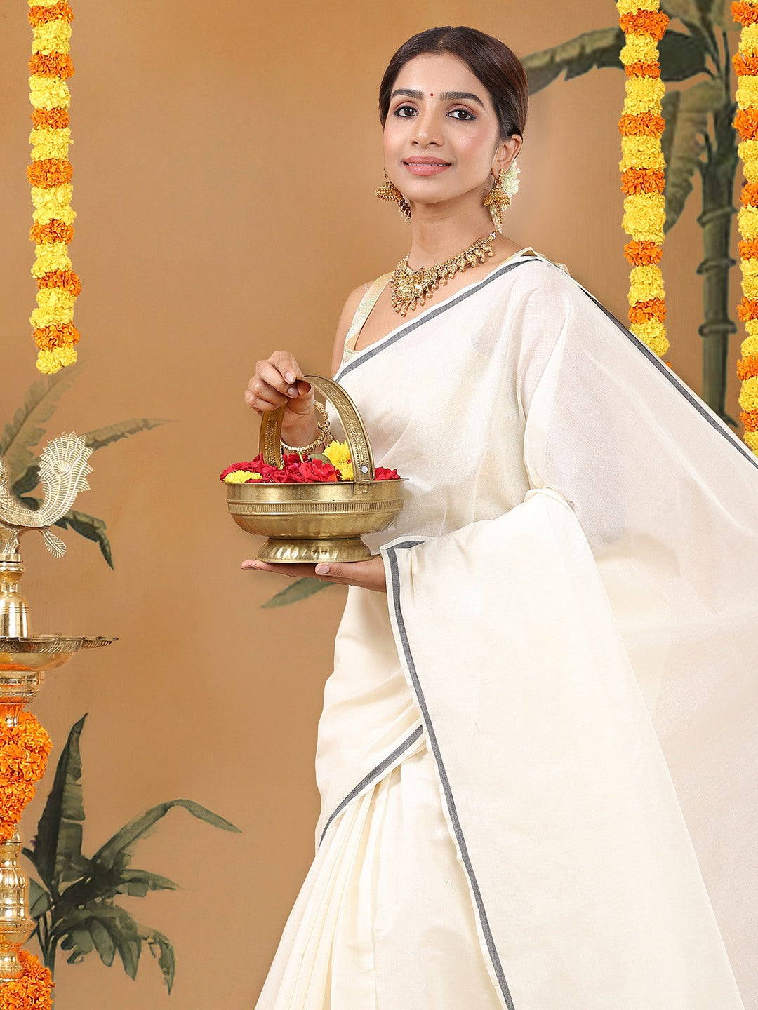 Off-White Cotton Plain Set Saree with Black Pencil Border