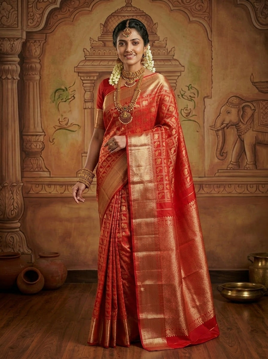 Kanjivaram Silk Red Temple Style Animal And Birds Motif Saree