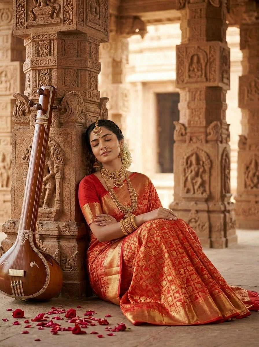 Kanjivaram Silk Red Temple Style Animal And Birds Motif Saree