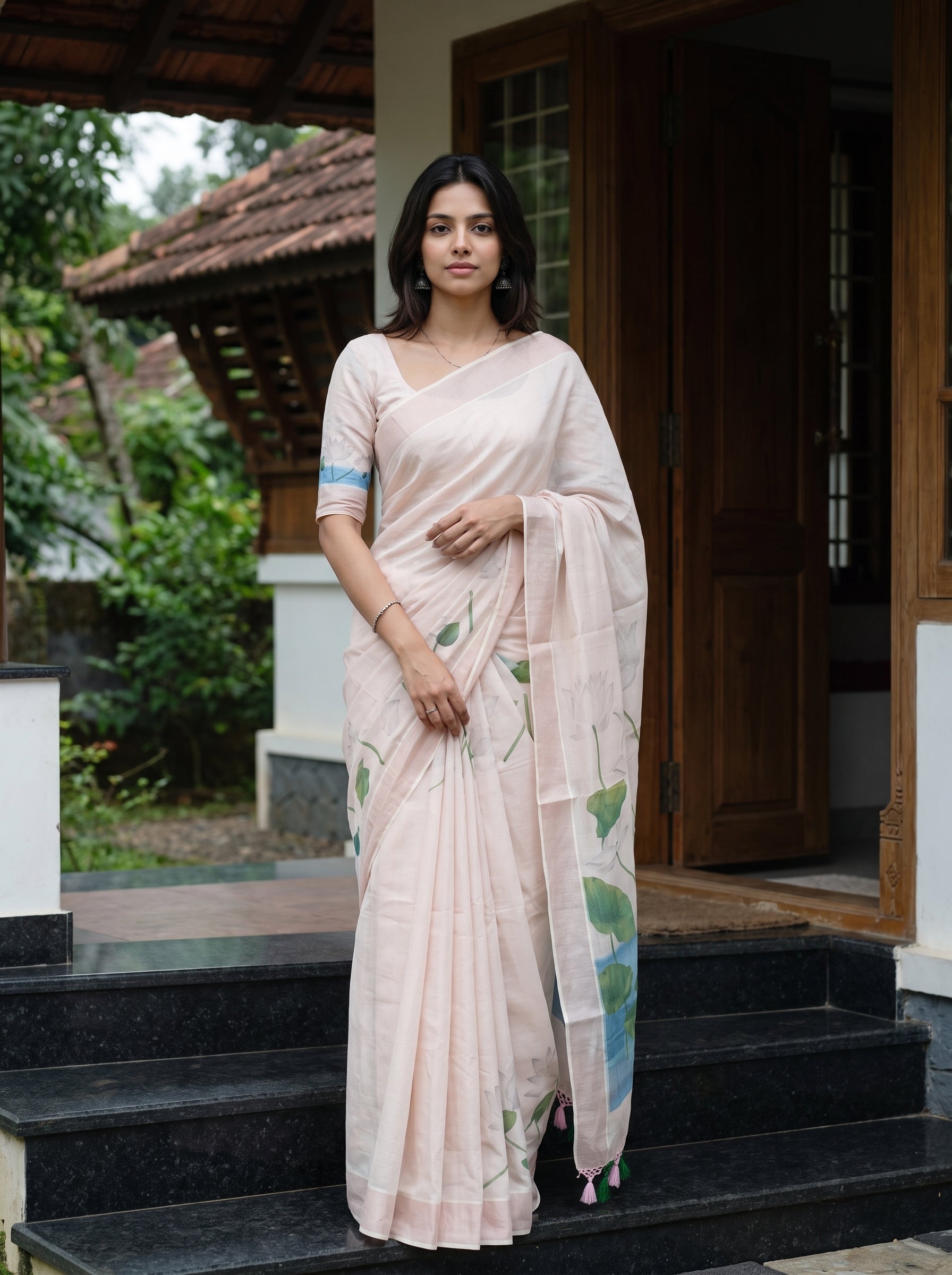 Tissue Peach Hand-Painted Lotus Pond Set Saree with Tassels