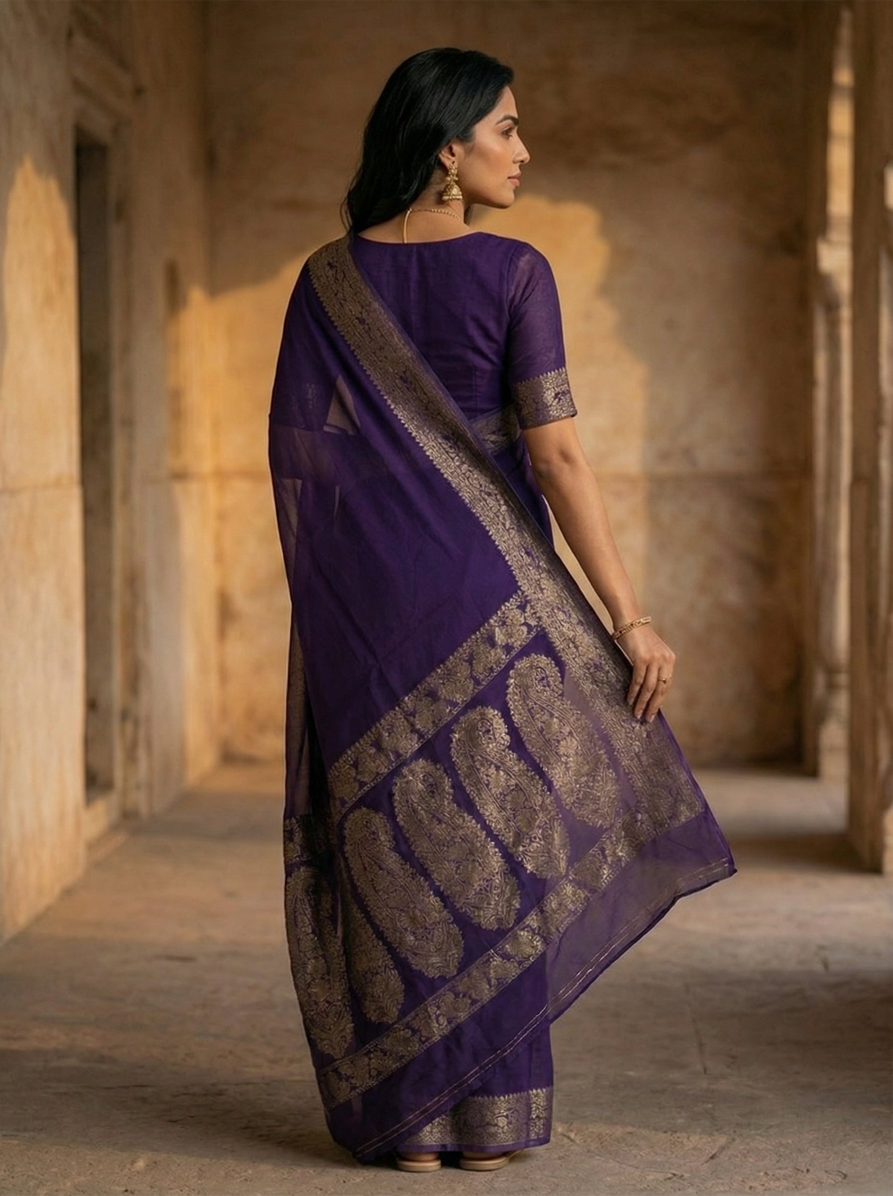 Georgette Banarasi  Royal Purple Zari Border Saree