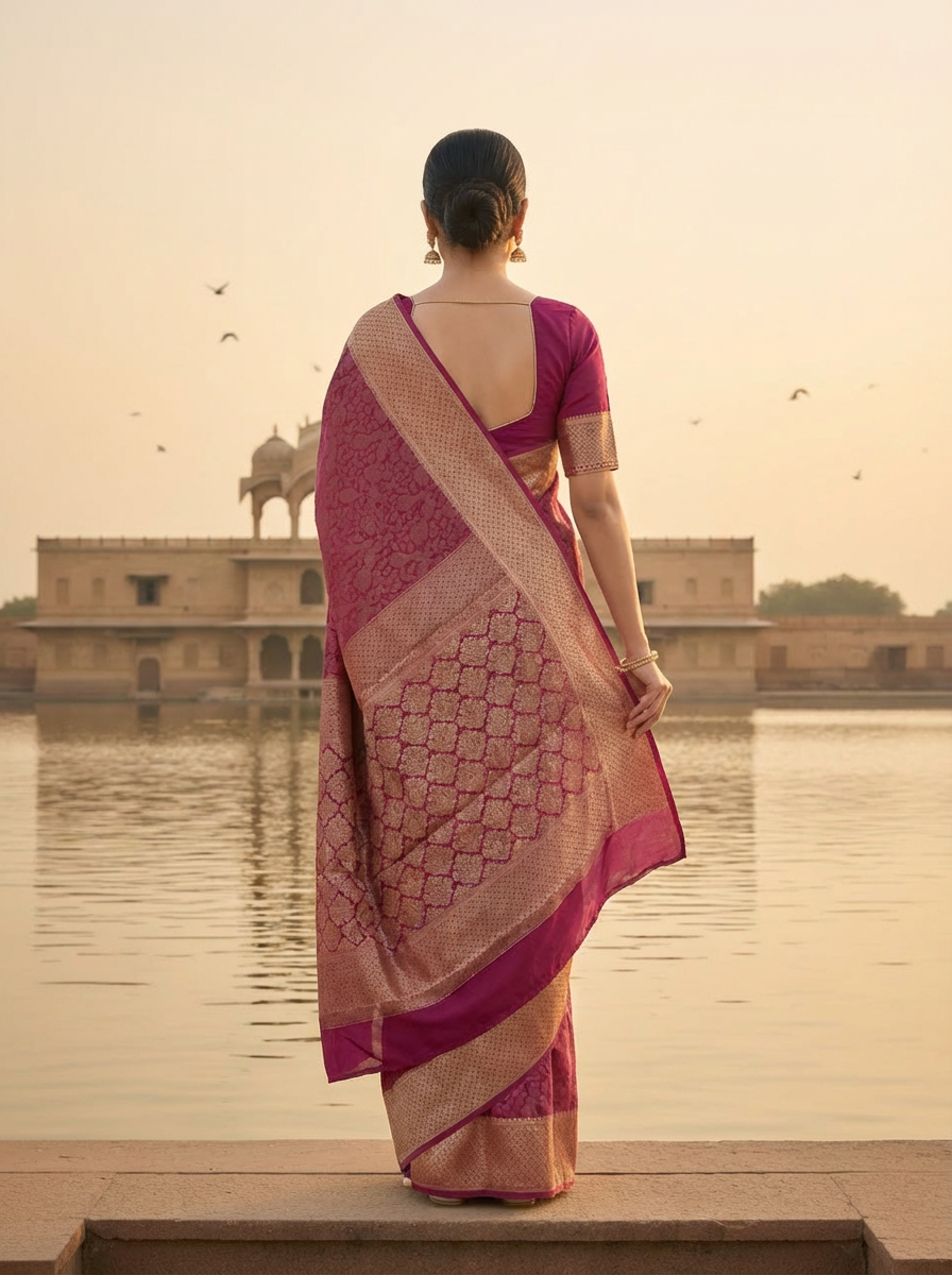 Georgette Banarasi  Magenta Floral Brocade Saree