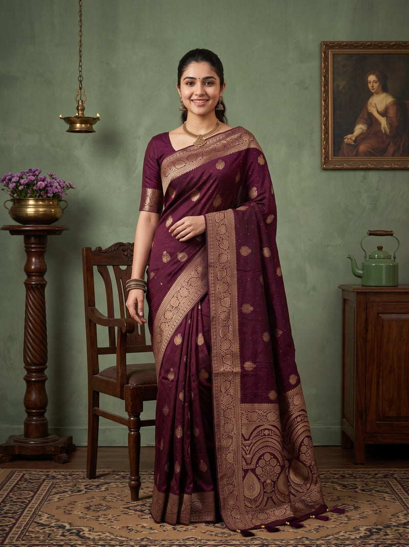 A woman modeling a deep purple silk saree with intricate gold and beige zari patterns and borders, standing in a rustic room with a green wall, wooden furniture, and a framed painting.