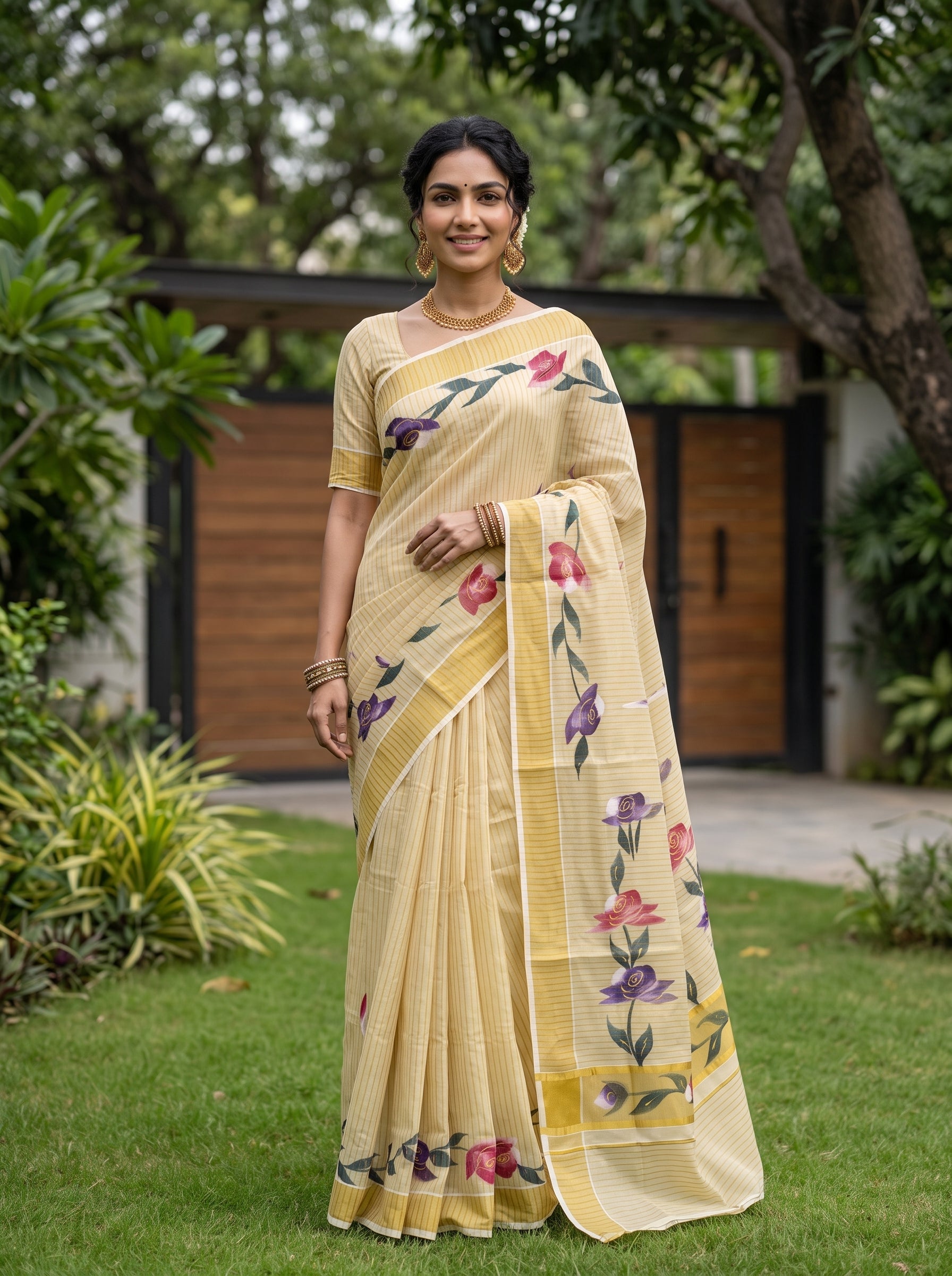 A woman wearing a light beige saree with colorful floral prints stands outdoors on a green lawn in front of a wooden gate and trees.