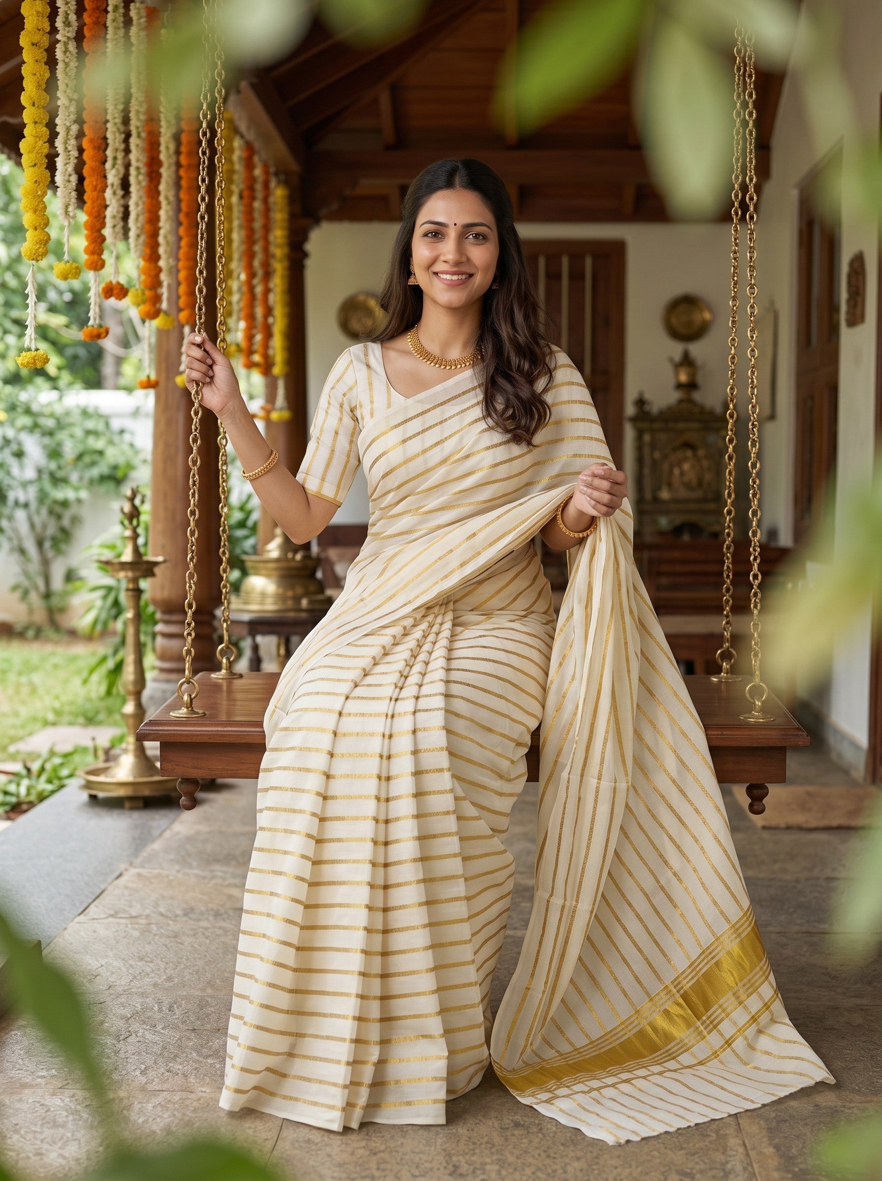 A woman wearing a cream and beige striped cotton saree with a gold border stands on a traditional porch with hanging marigold garlands and wooden swings.
