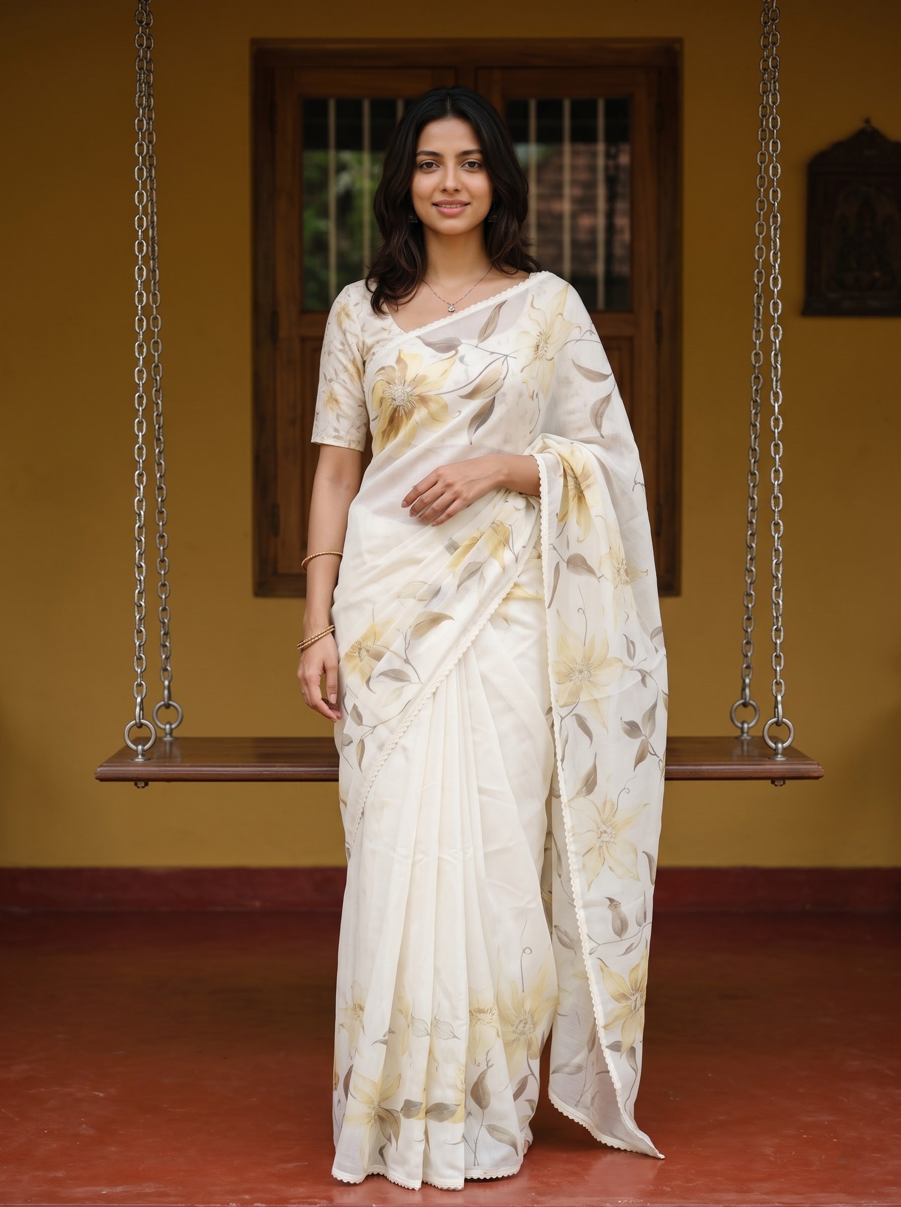 A woman wearing a cream-colored floral saree with a matching printed blouse stands in front of a wooden swing and a yellow wall.