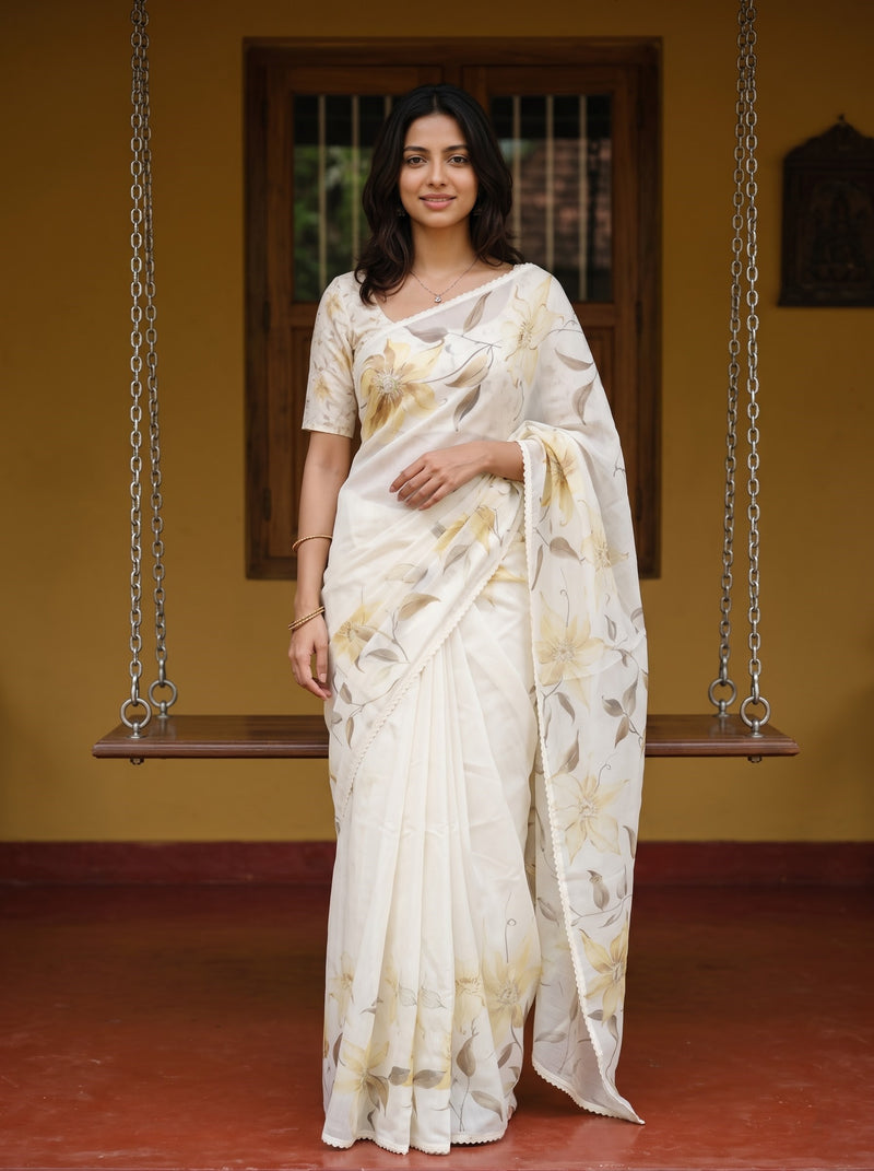 A woman wearing a cream-colored floral saree with a matching printed blouse stands in front of a wooden swing and a yellow wall.
