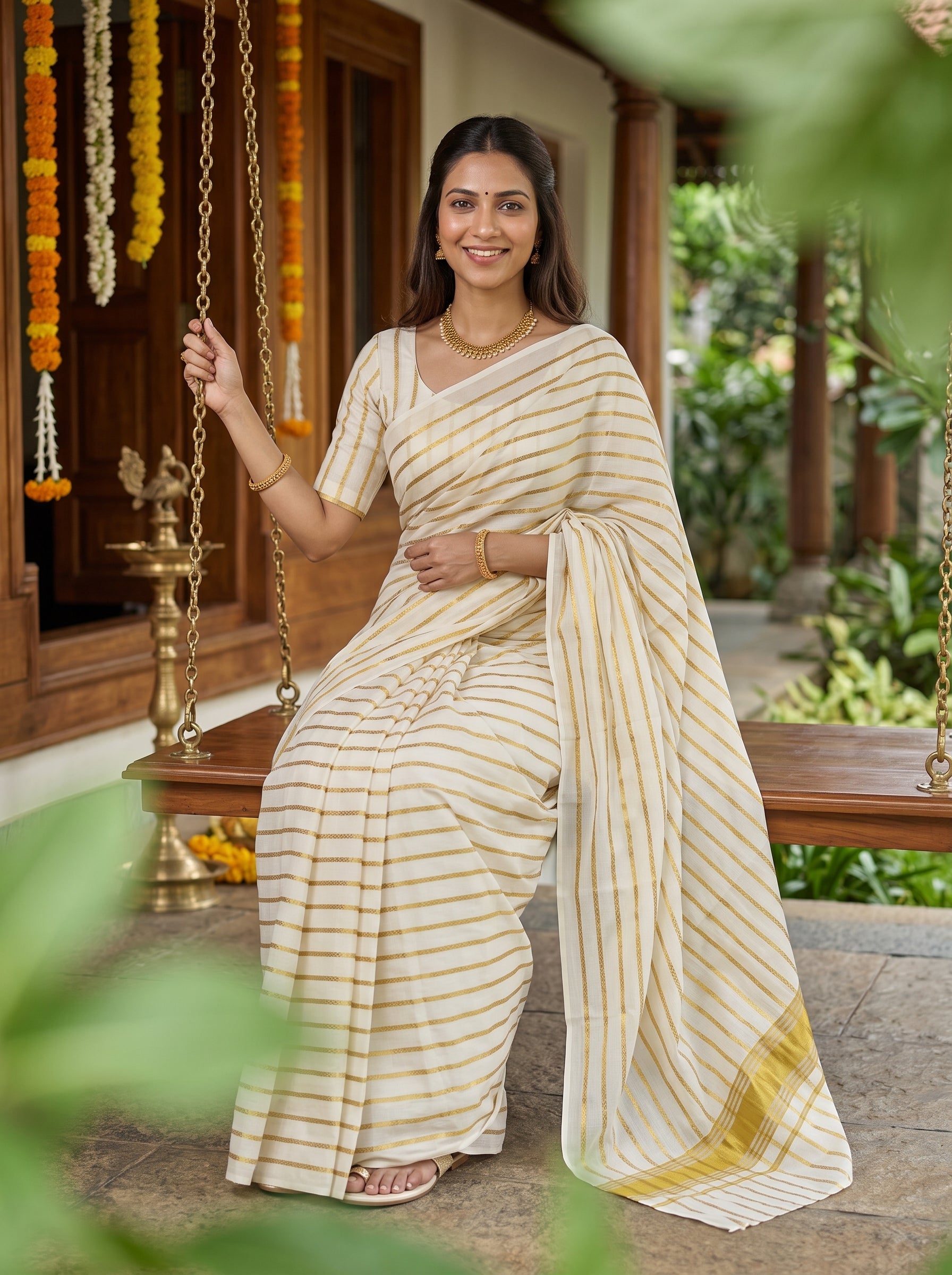 A woman wearing a cream and gold striped cotton saree sits on a wooden swing porch. The saree has thin vertical gold stripes on a cream base and a solid gold border on the pallu.