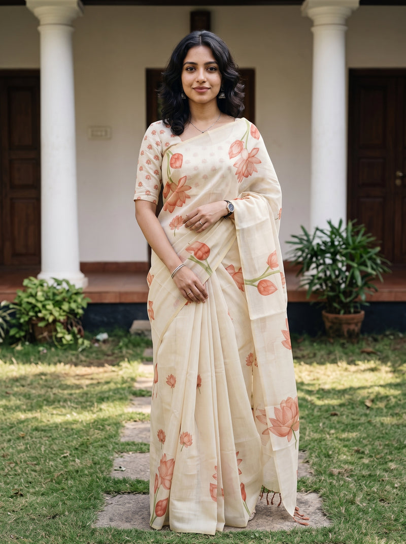 A woman wearing a cream-colored saree with a coral floral print stands outdoors in front of a building with white pillars and green grass.