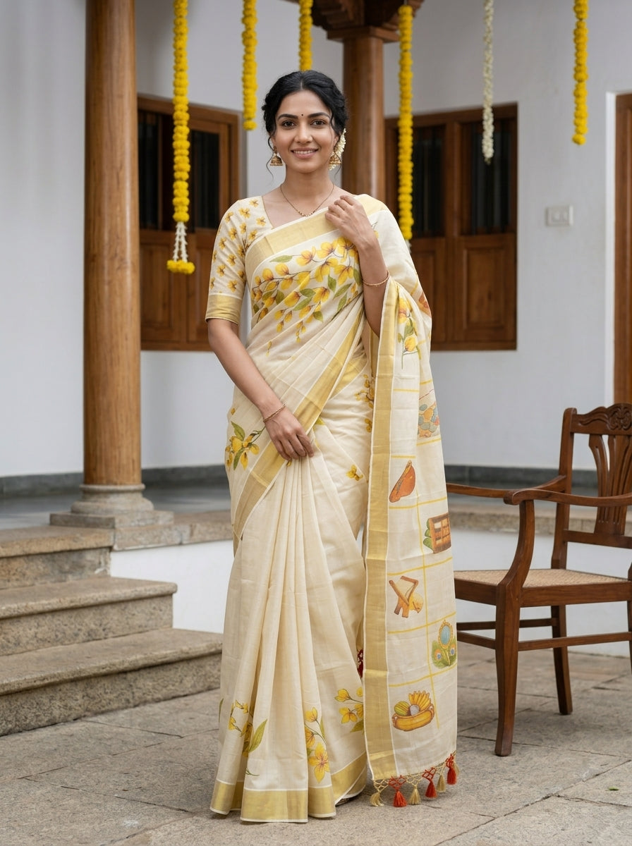 Tissue Cream Yellow Floral Cascade Print Pallu Motif Saree with Tassels