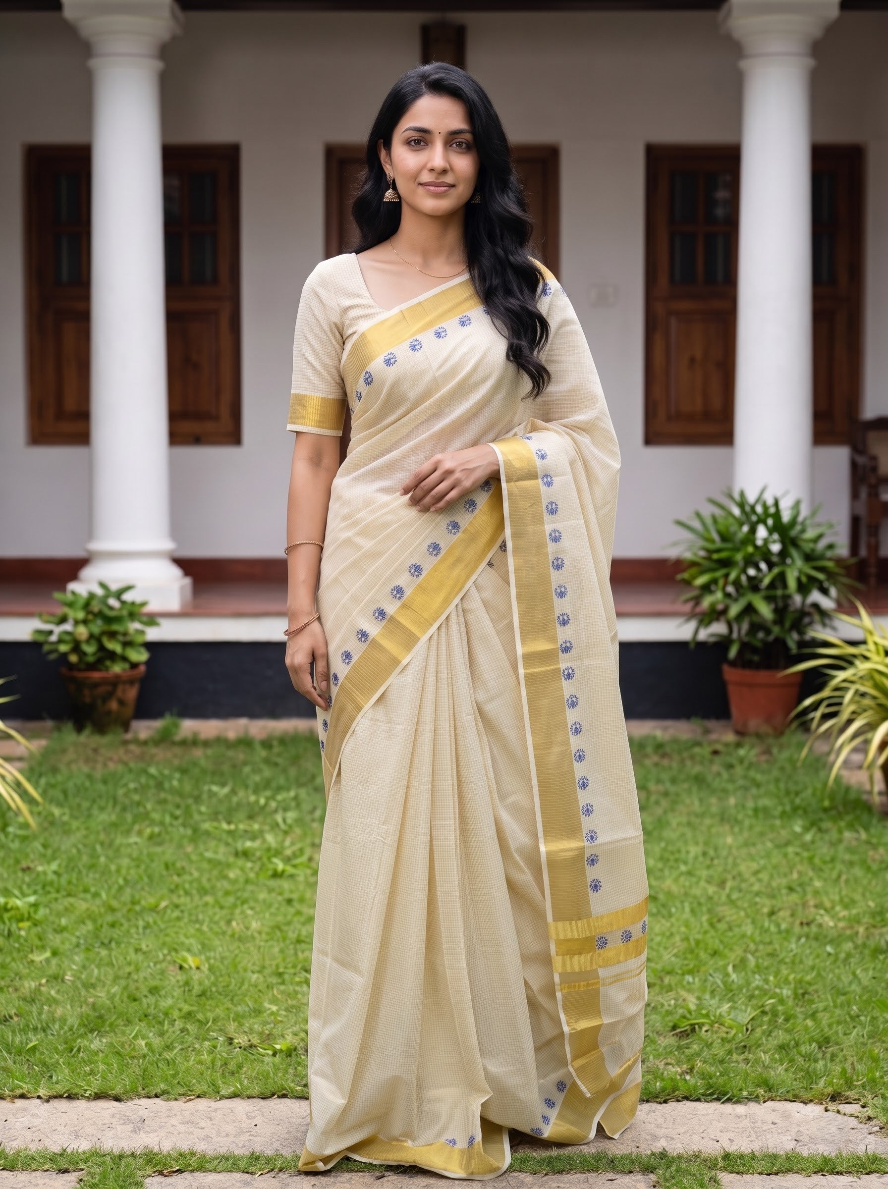 Cotton Cream Checkered Gold Blue Lotus Border Kerala Saree