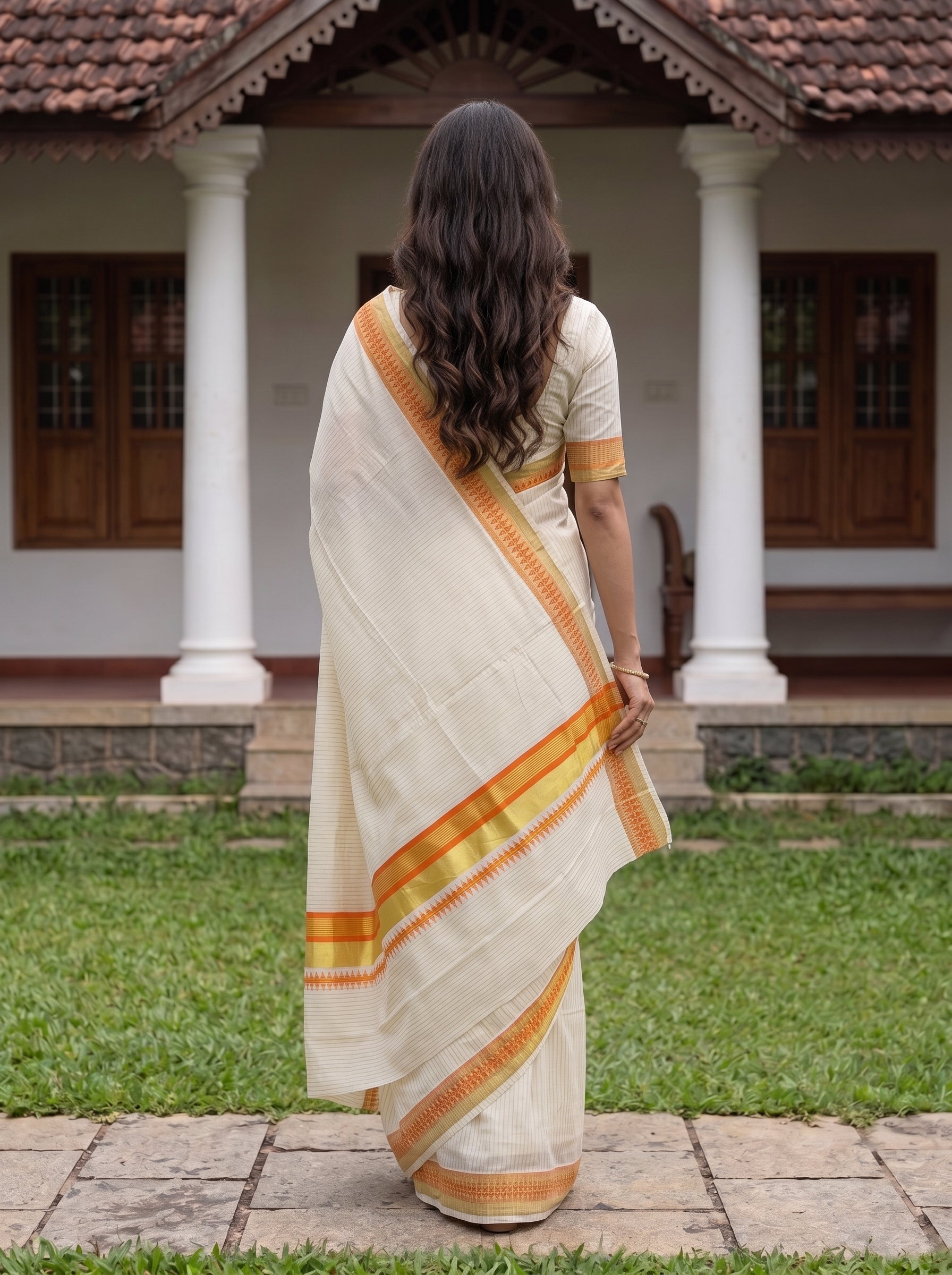 Cotton Cream Gold Orange Zigzag Border Kerala Saree