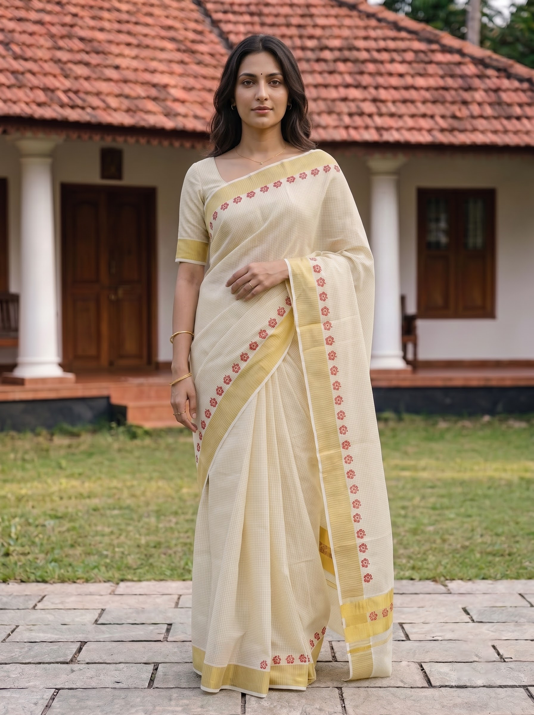 A woman stands outdoors wearing a cream-colored saree with yellow borders and red floral motifs, paired with a matching cream blouse. The background shows a traditional house with a tiled roof, white pillars, and a stone pathway.