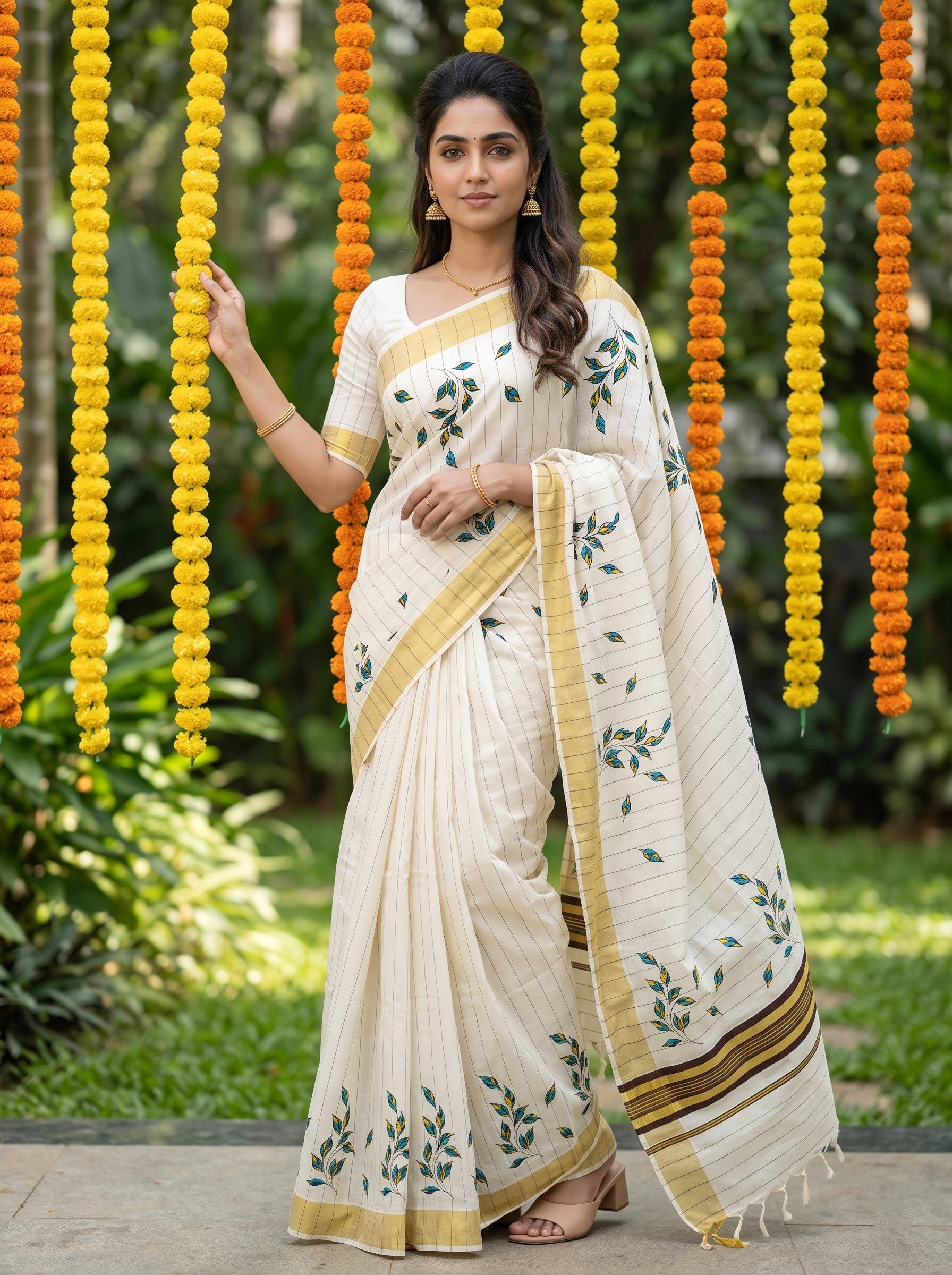 Cotton Cream Blue Green Leaf Vine Print with Golden Zari Border Onam Special Kerala Saree