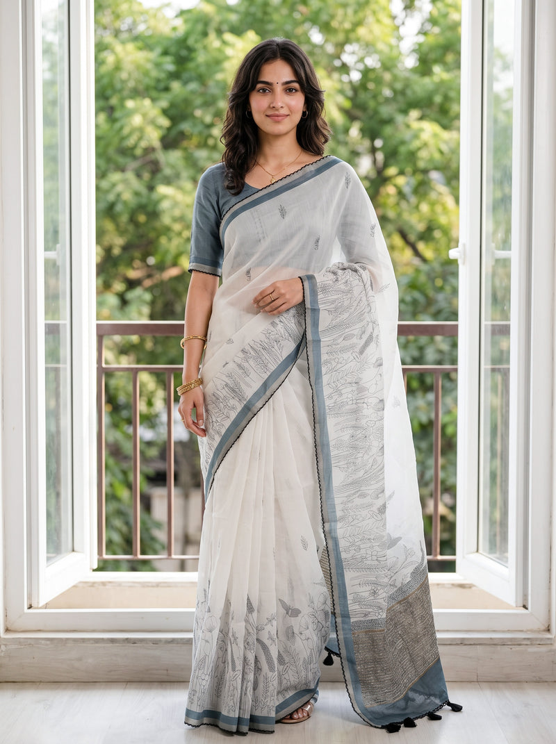 A woman modeling a white and gray printed saree with a slate blue border and matching blue blouse, standing in front of a large window with green foliage outside.