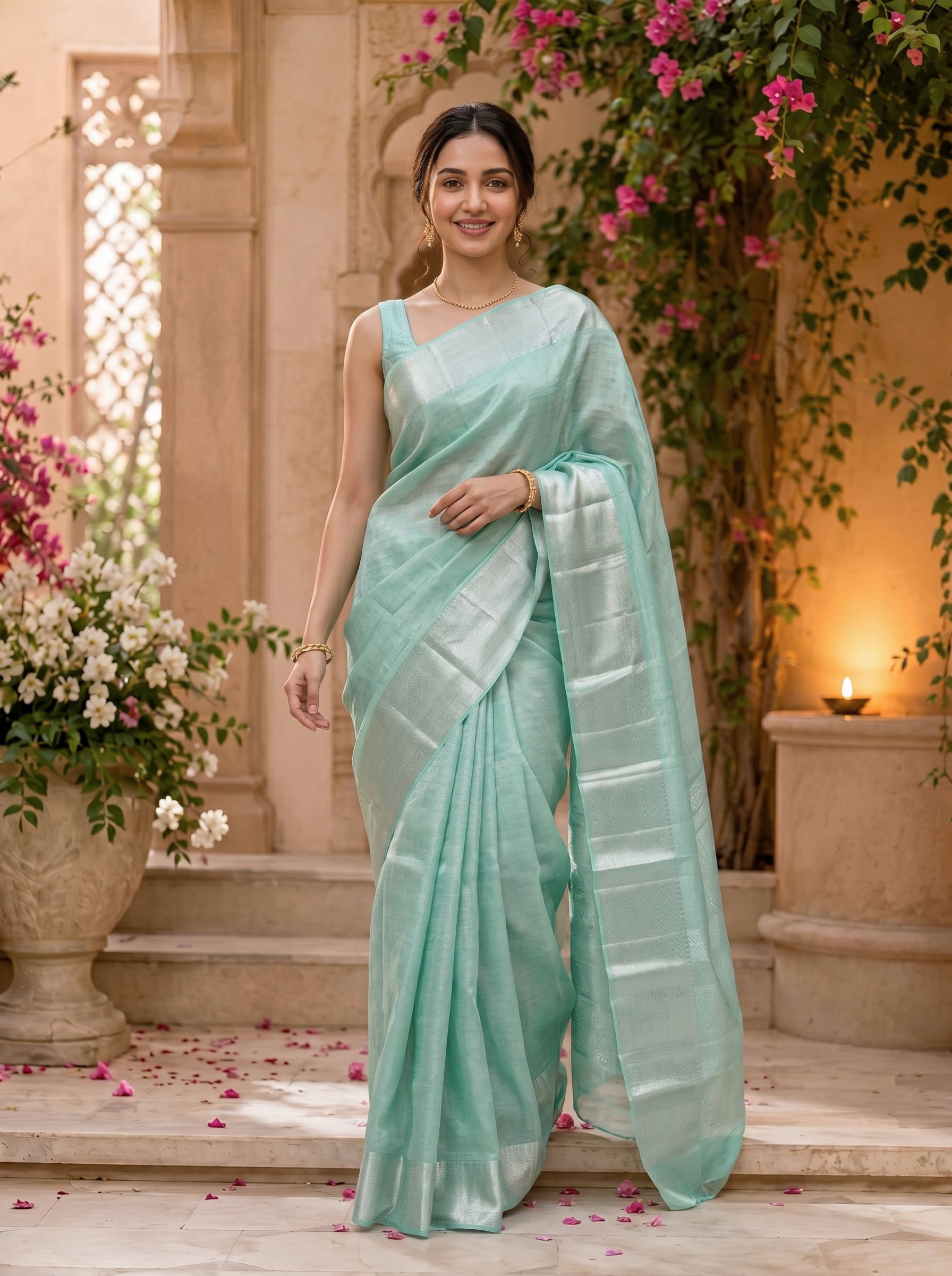 Woman in a light blue saree standing in an elegant outdoor setting with flowers and architecture.