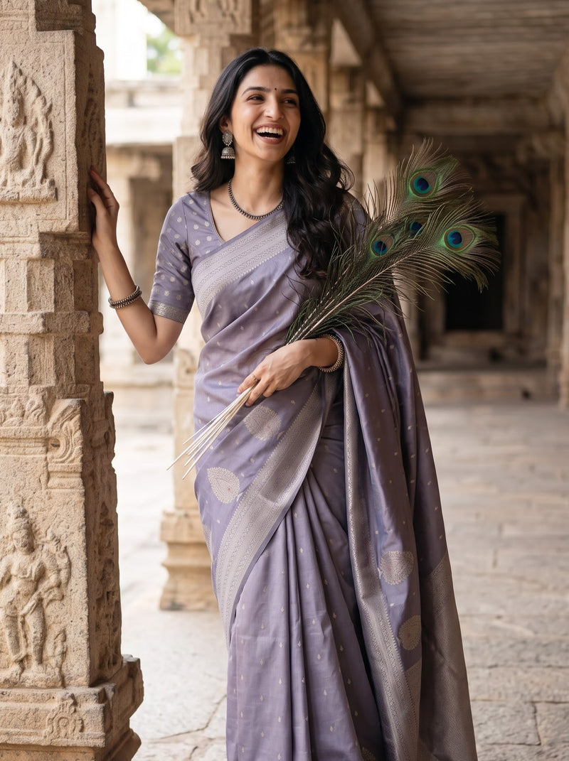 A woman wearing a lavender-purple silk saree with subtle gold motifs and a matching blouse, holding a peacock feather in a stone corridor.