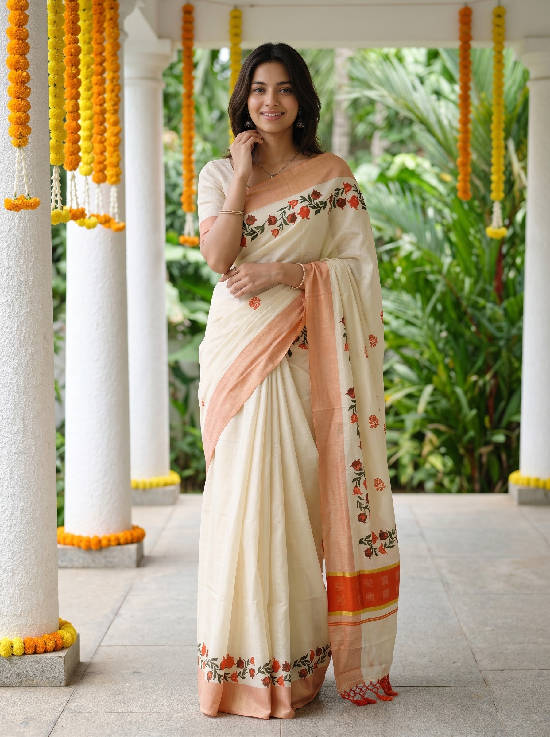 Tissue Cream Peach Border with Red Tulip Vine Print Onam Special Kerala Saree