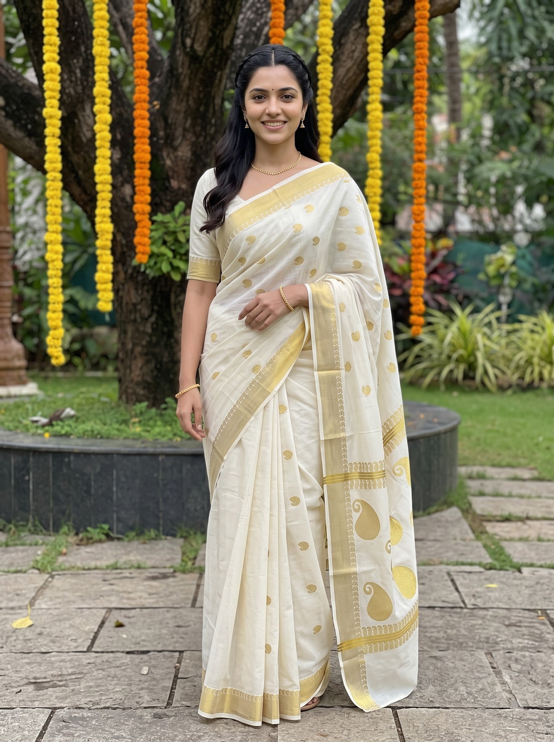 Cotton Off-White Woven Gold Mango Paisley Motif Onam Special Kerala Saree with Zari Border