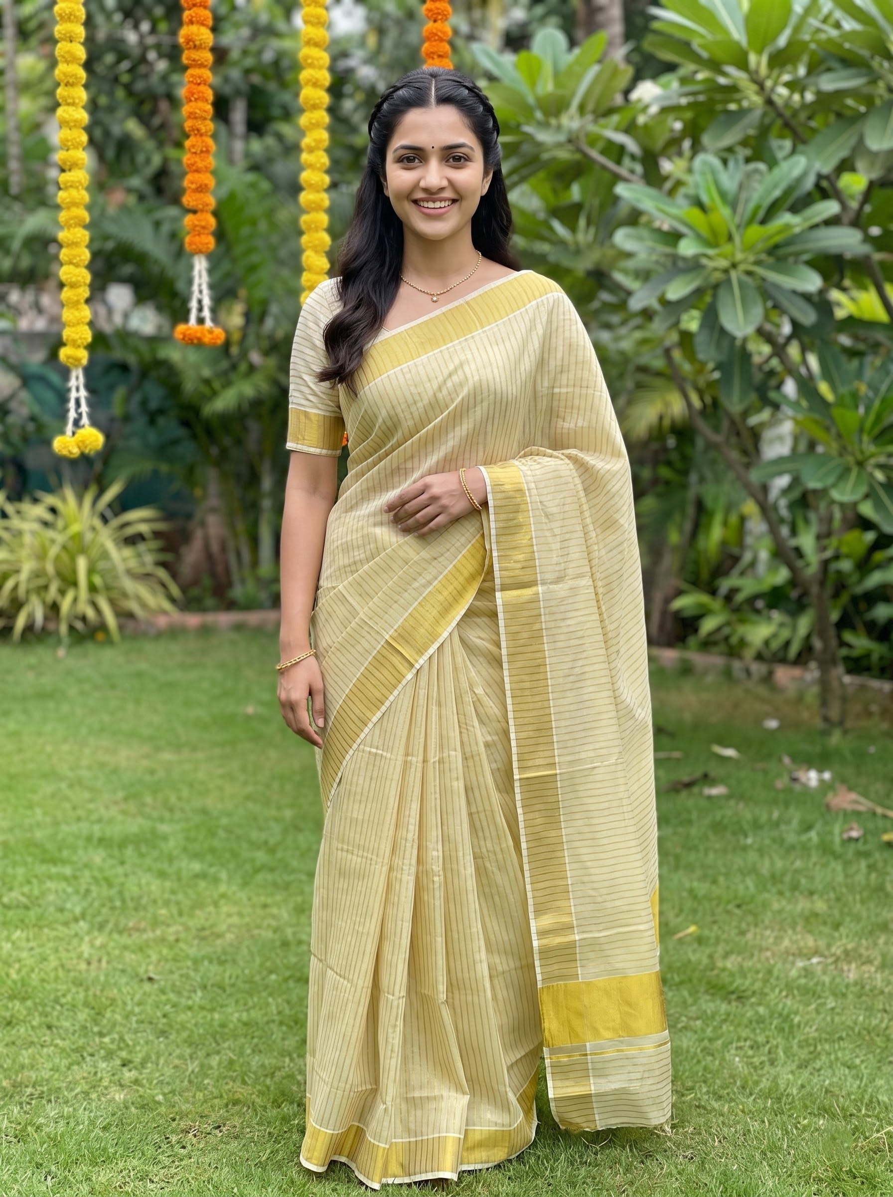 Tissue Cream Pinstripe with Yellow Golden Border Onam Special Kerala Saree