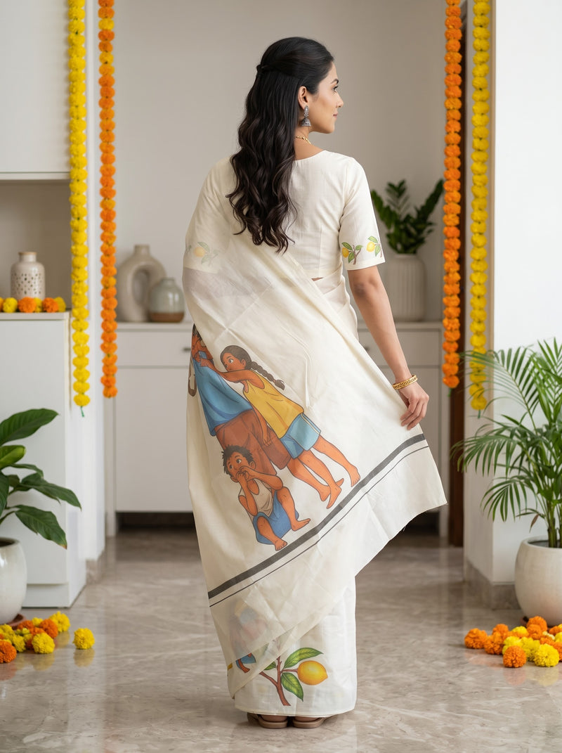 A woman wearing a cream-colored cotton saree with a colorful illustration of children and a lemon on the border, paired with a matching cream kurta, standing in a decorated indoor space with marigold garlands.