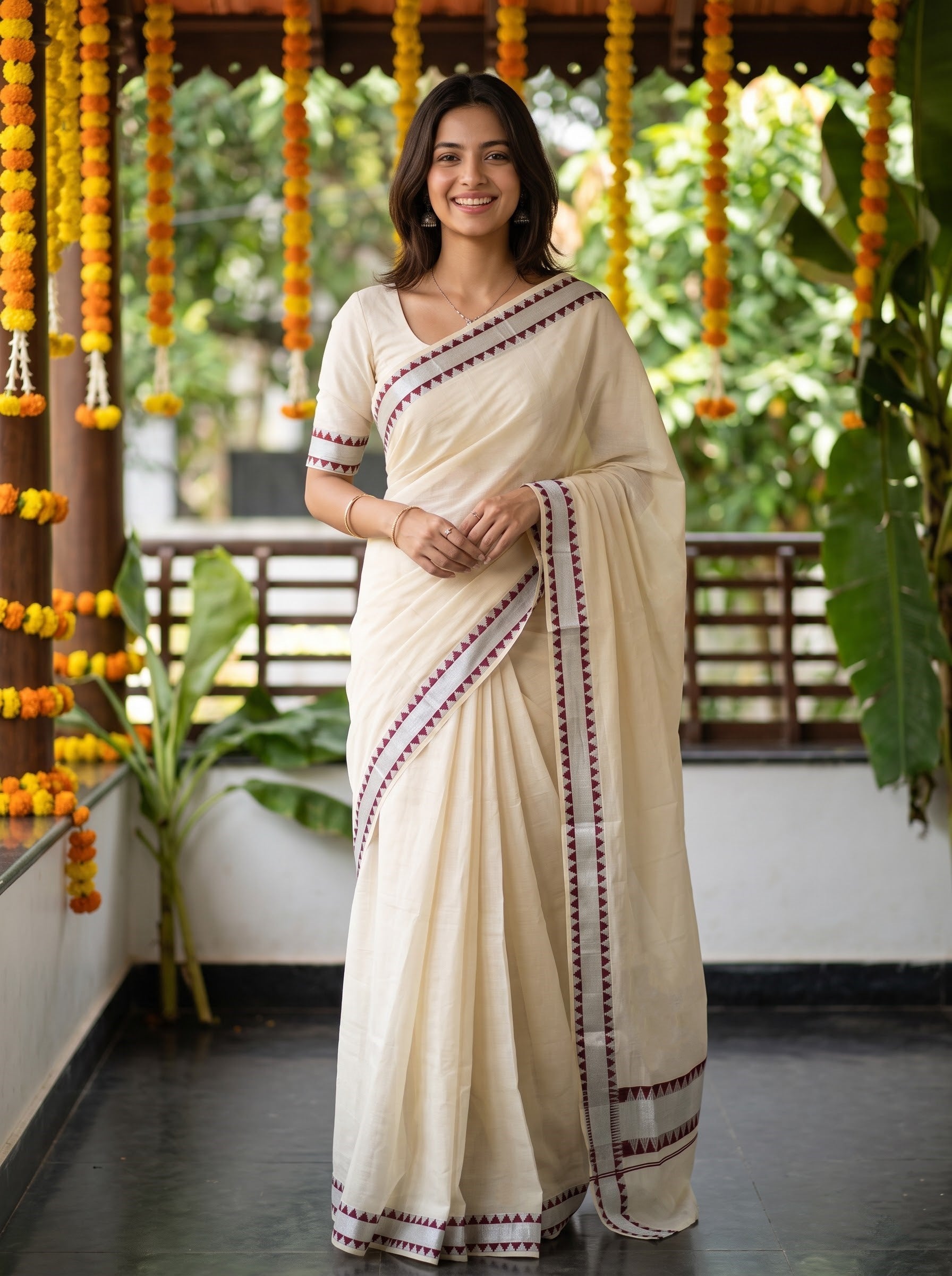 Cotton Cream Plain with Silver Zari Maroon Border Onam Special Kerala Kasavu Saree
