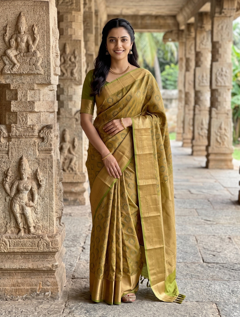 A woman wearing a golden olive green silk saree with a gold border, standing in a stone corridor with carved pillars.