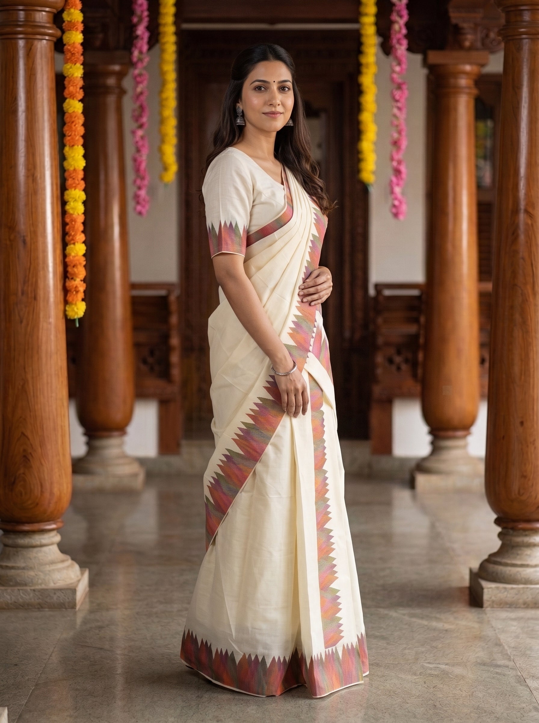 A woman wearing a traditional Indian saree stands in a corridor with wooden pillars and hanging flower garlands. The saree is off-white/cream with a geometric patterned border in muted red, pink, and green.