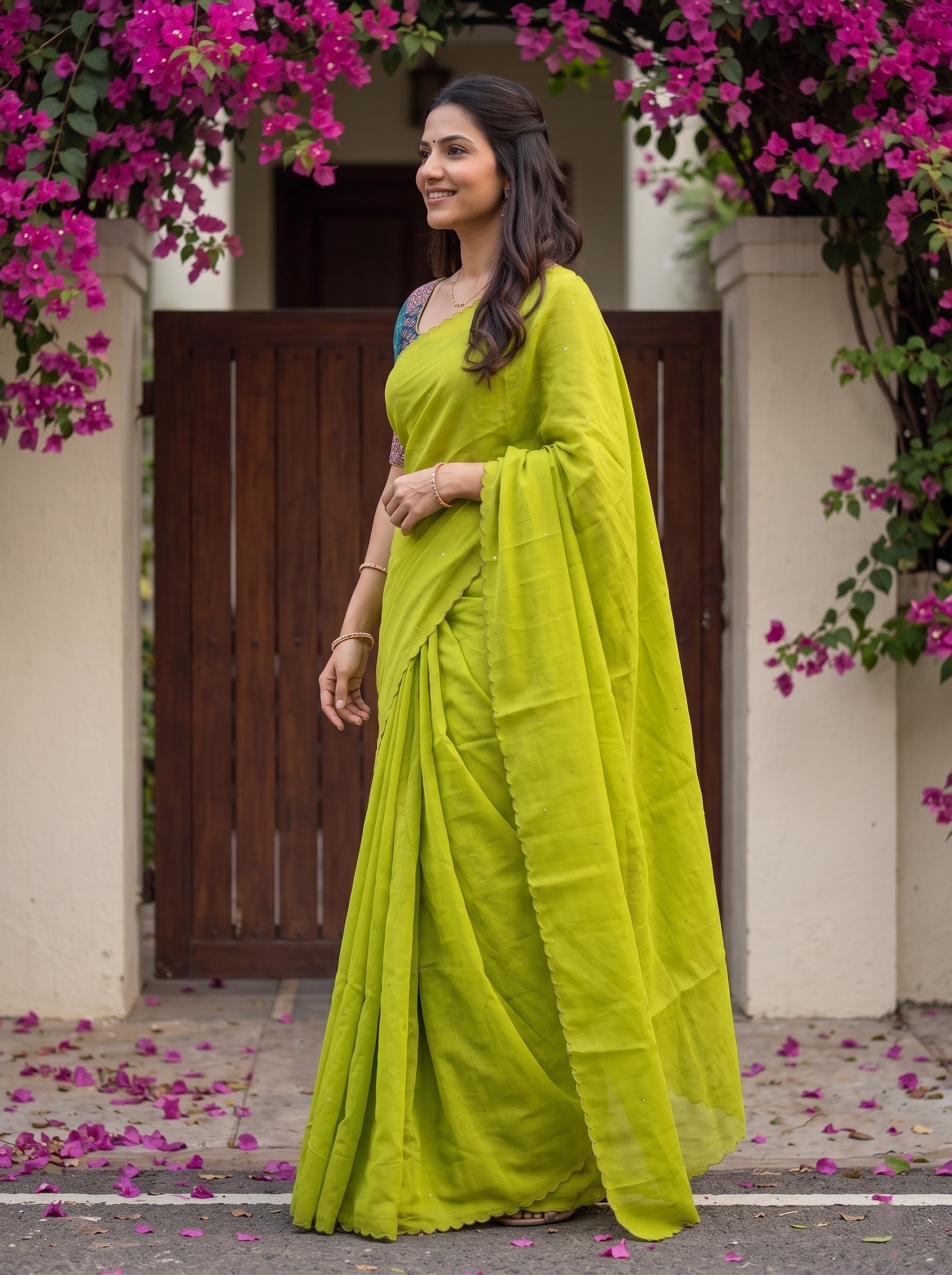 A woman wearing a bright lime green silk saree stands in front of a wooden door framed by blooming magenta bougainvillea flowers. The saree has a solid lime green color with a subtle sheen and is styled with a matching green blouse.