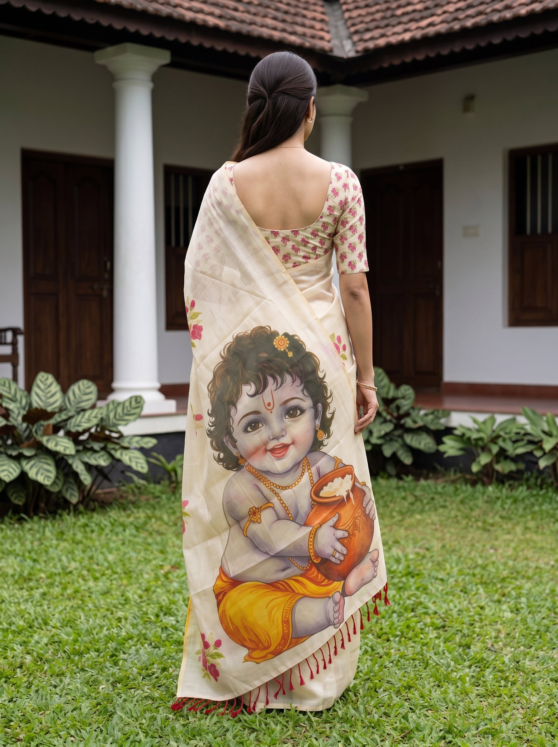 A woman stands outdoors in front of a house, shown from the back wearing a cream-colored saree with a large printed illustration of a child holding an orange pot. The saree has red and yellow accents, and she is paired with a patterned blouse.