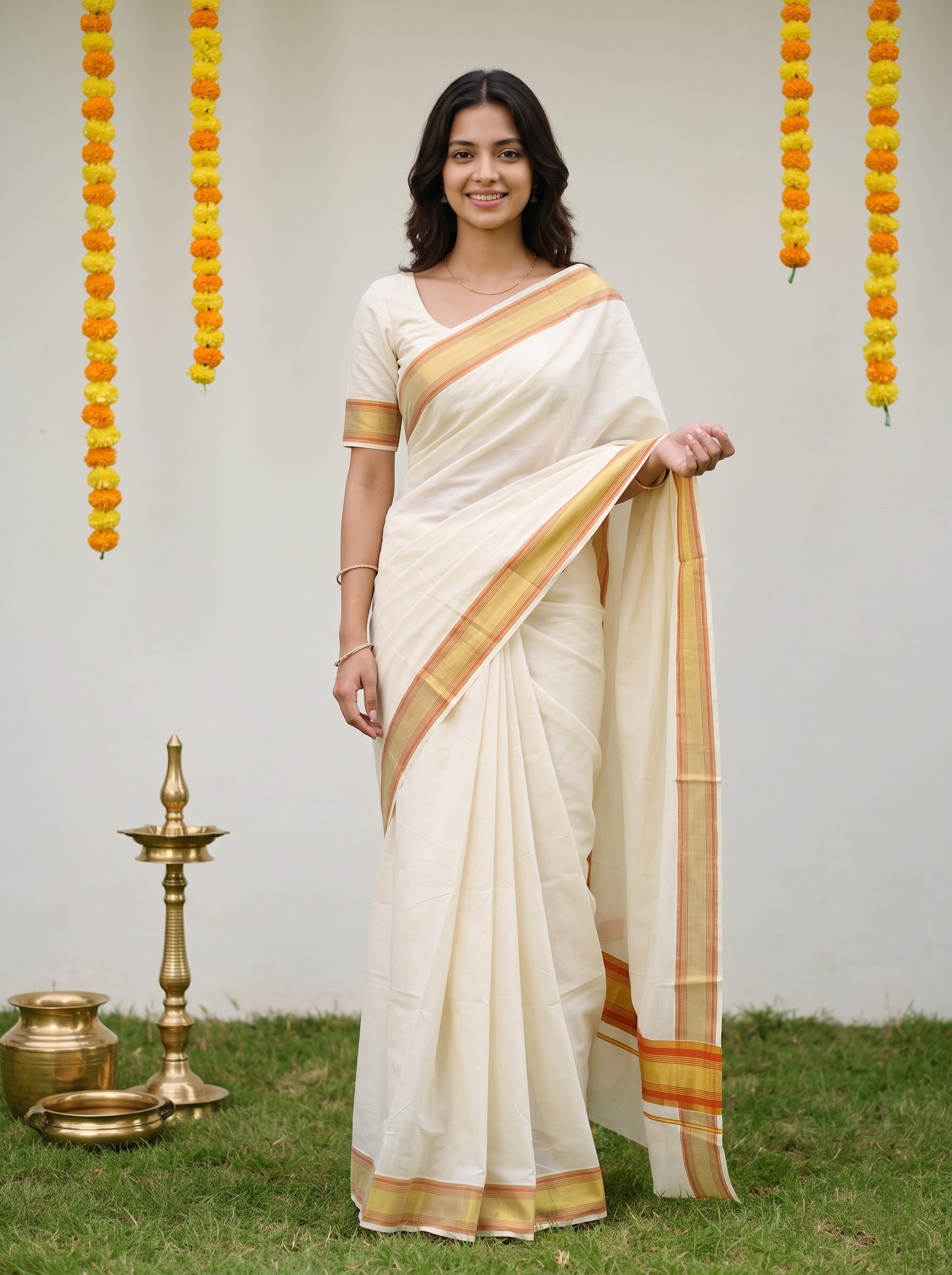 Cotton Cream Plain with Golden Orange Striped Border Onam Special Kerala Kasavu Saree