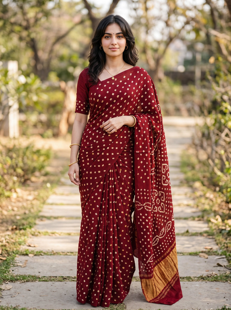 A woman wearing a deep red saree with white polka dots and a gold border, standing on a stone path in a park.