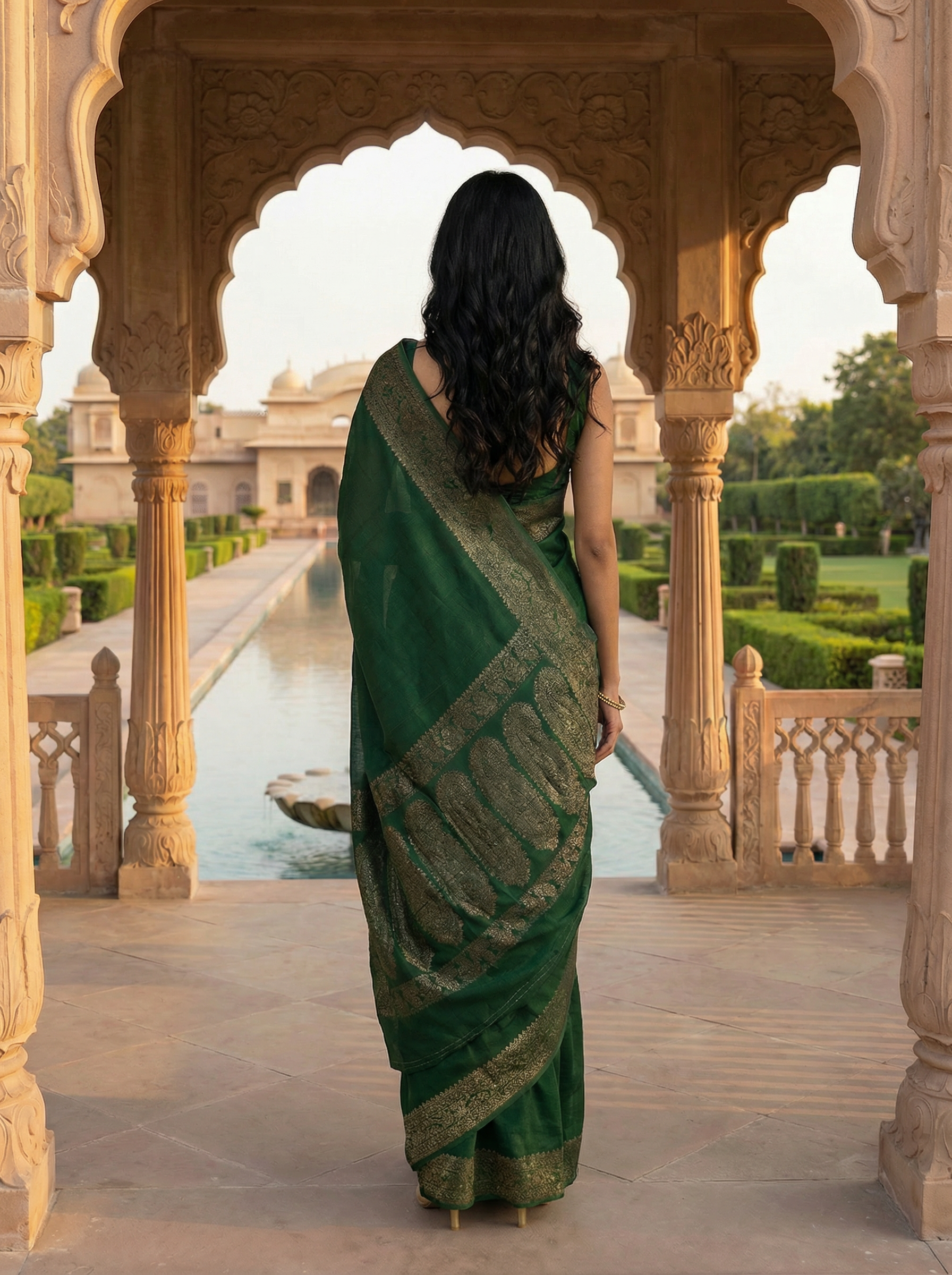 Georgette Banarasi Bottle Green Traditional Zari Border Saree