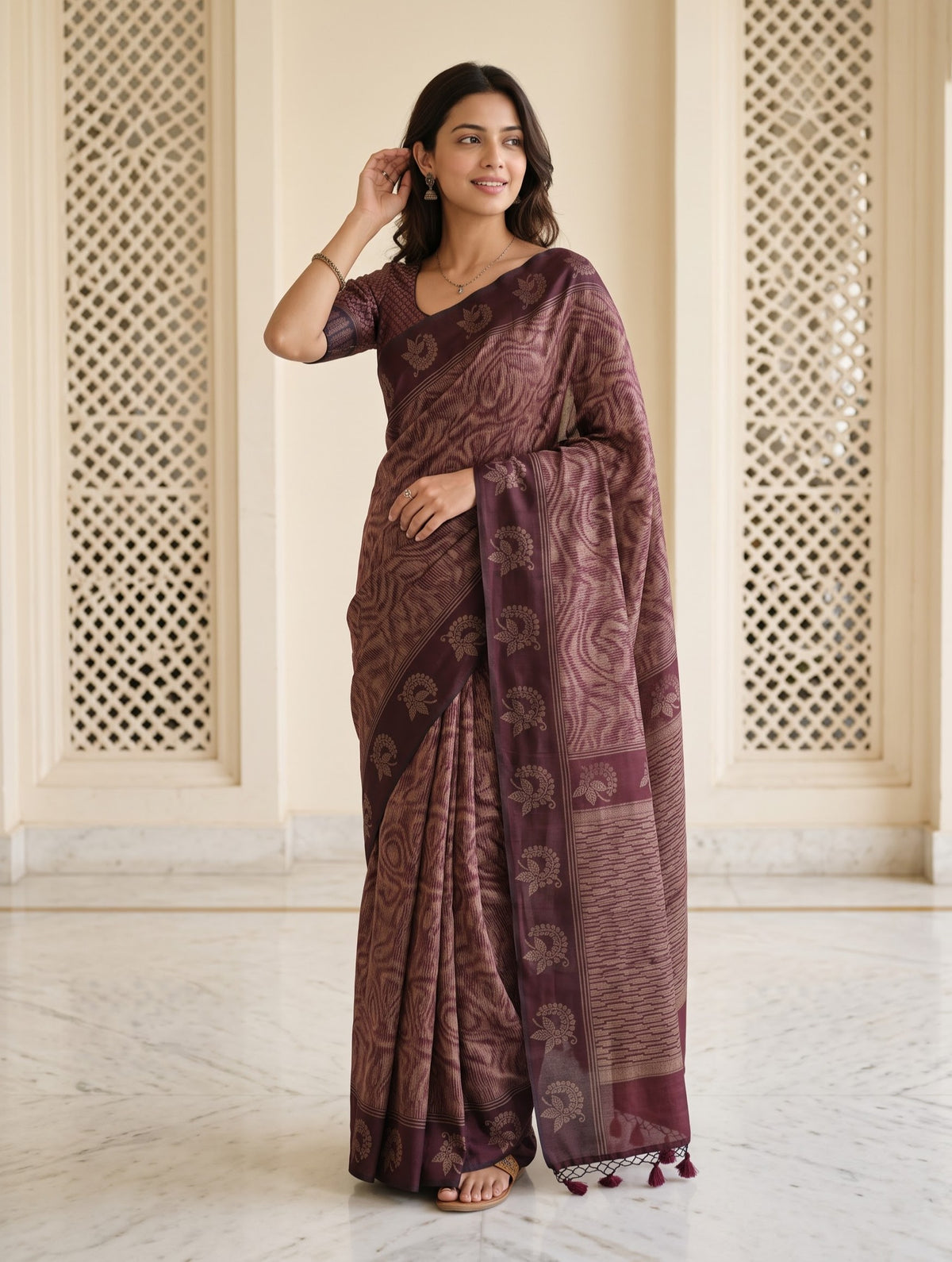 Matka Silk Wine Brown Paisley Swirl Floral Bouquet Border