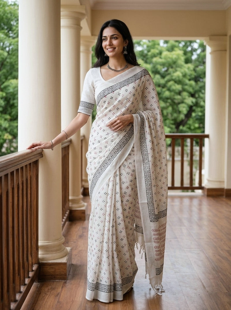 A woman wearing a white and gray patterned saree stands on a wooden balcony with cream pillars and green trees in the background.